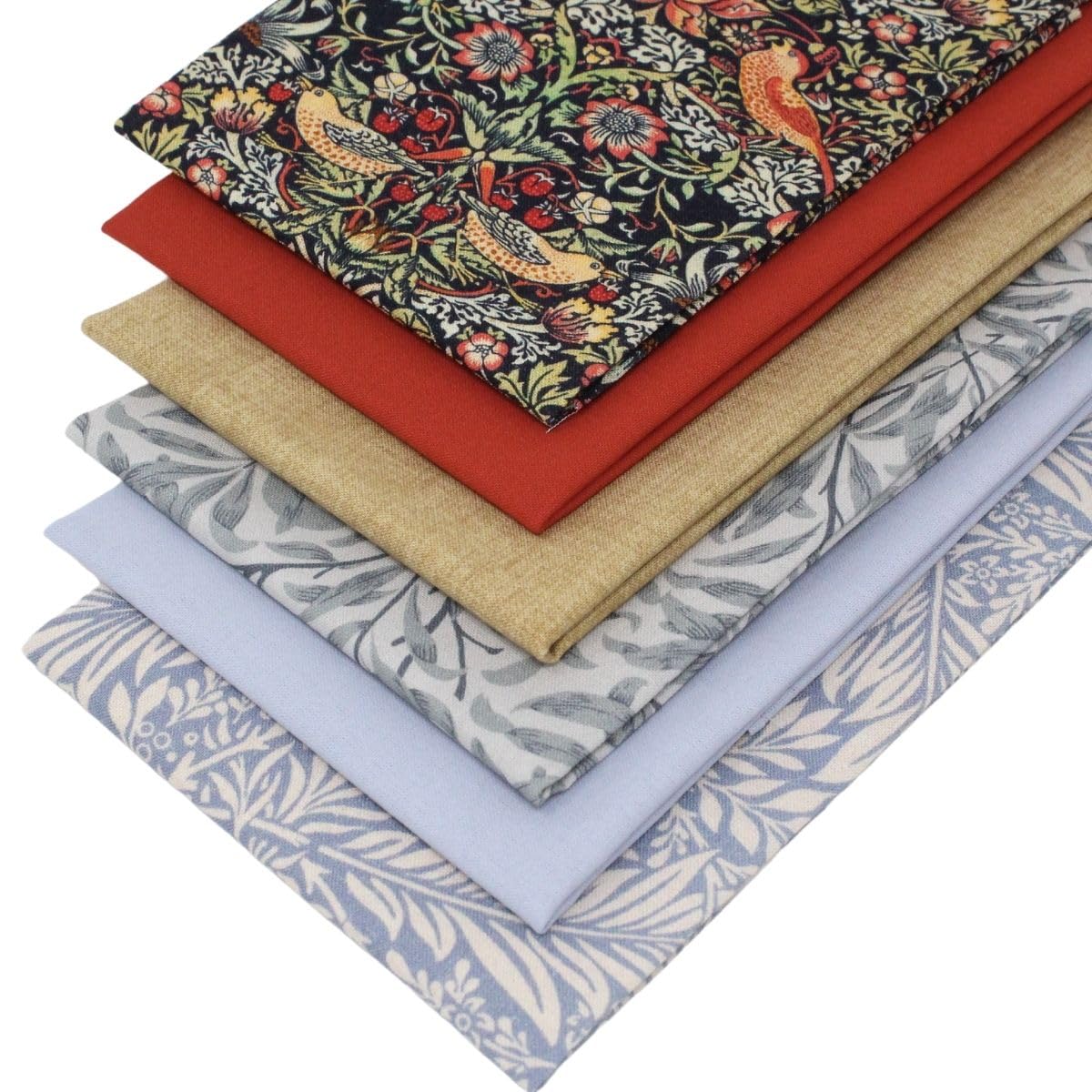 Overdale Fabrics Blue 6 Fat Quarters Bundle - 'William Morris – Strawberry Thief Navy' Fabrics In Beige & Terracotta. 100% Cotton For Quilting, Patchwork & Crafting (With Free Patchwork Pattern By Overdale Fabrics)