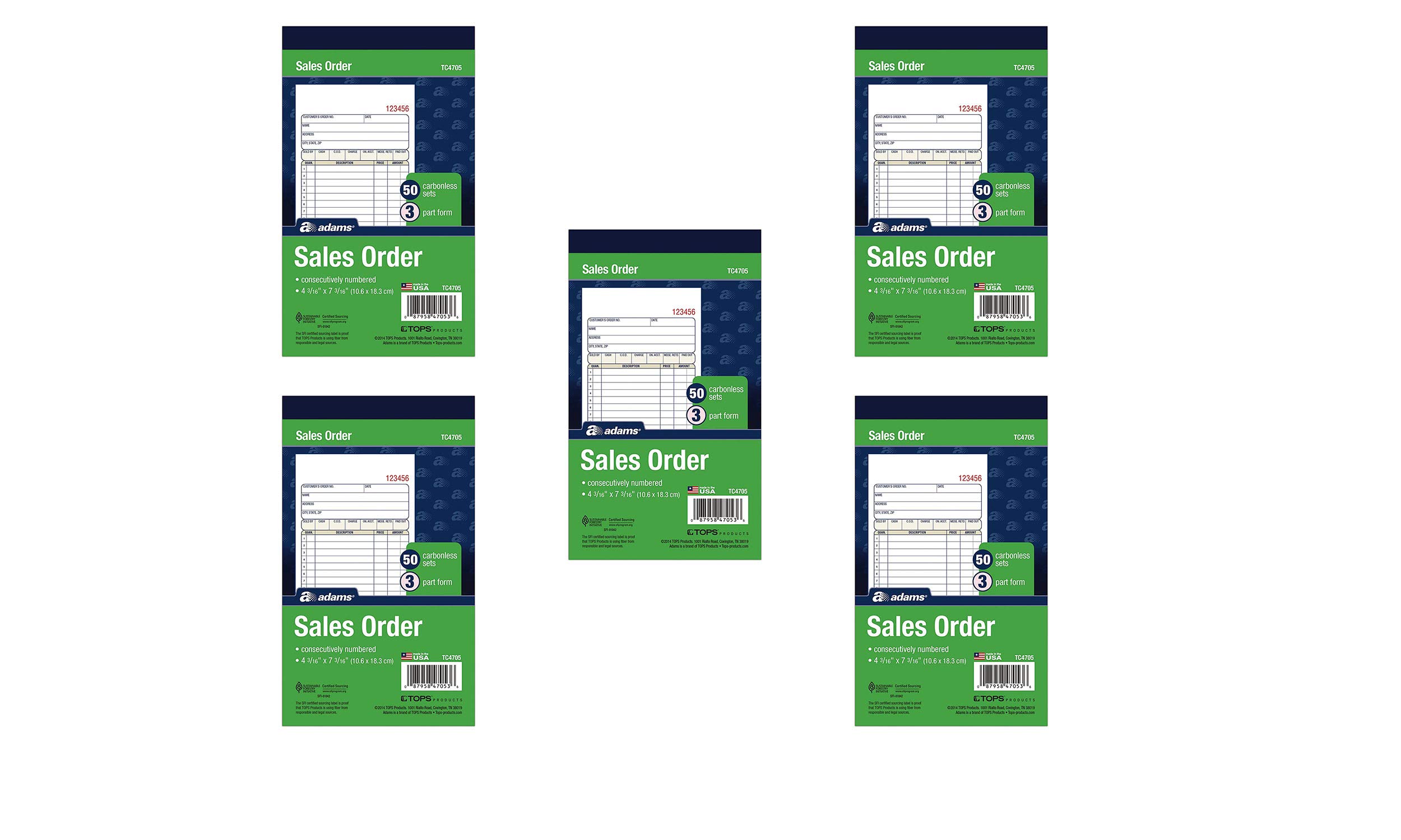 Adams Sales Order Book, 3-Part, Carbonless, 4-3/16" X 7-3/16" Inch, 50 Sets, White, Canary and Pink (TC4705)- 5PACK