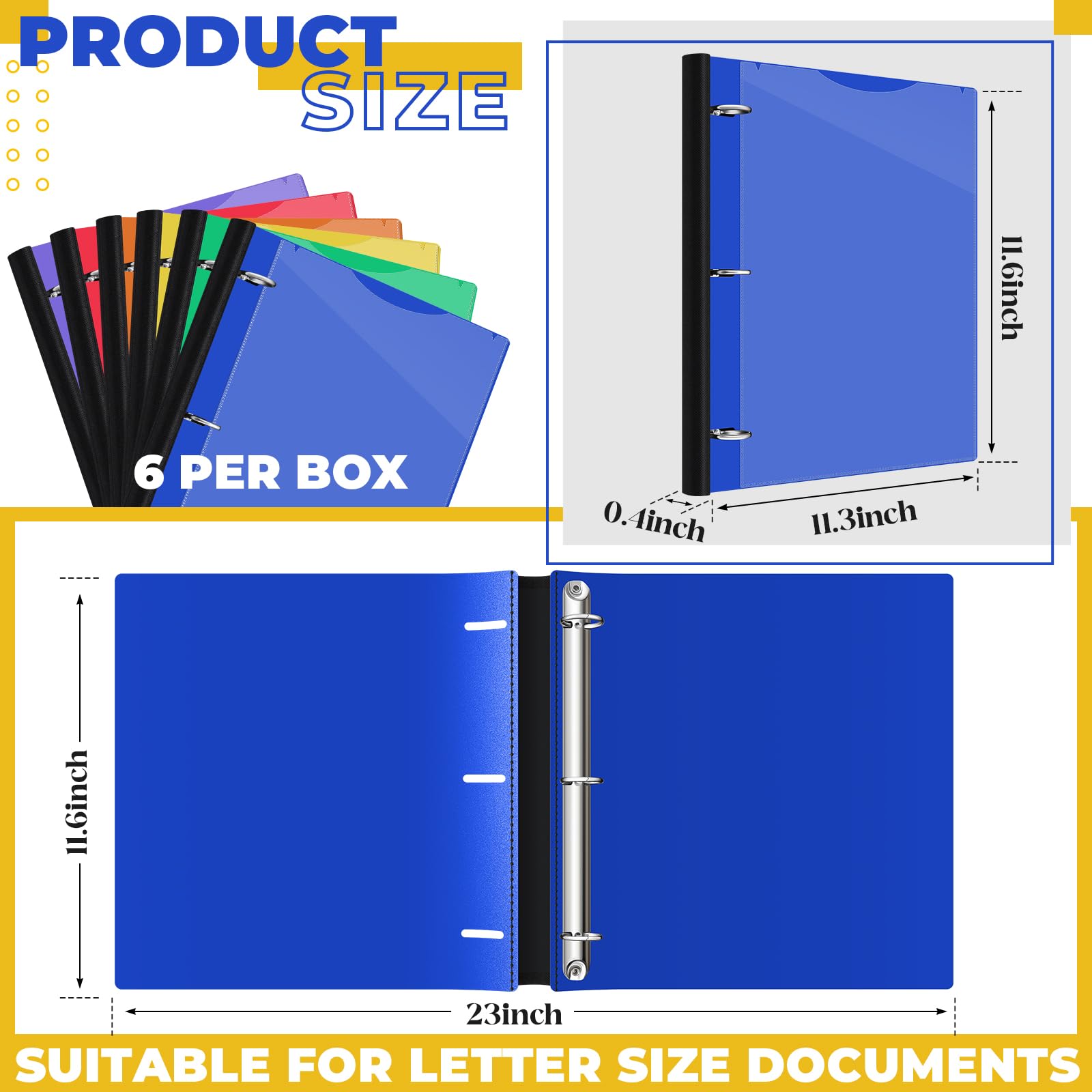 Henoyso Lot de 6 classeurs télescopiques à 3 anneaux de 2,5 cm avec dos télescopique, capacité de 200 feuilles, 3 anneaux ronds, classeur en plastique souple avec couverture avant transparente pour