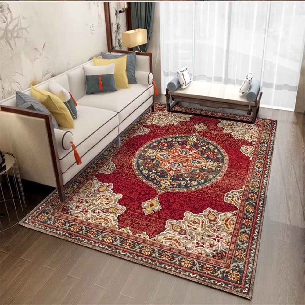 Tapis long couloir d'entrée lavable 80x120 extérieur chevet salon rouge rétro