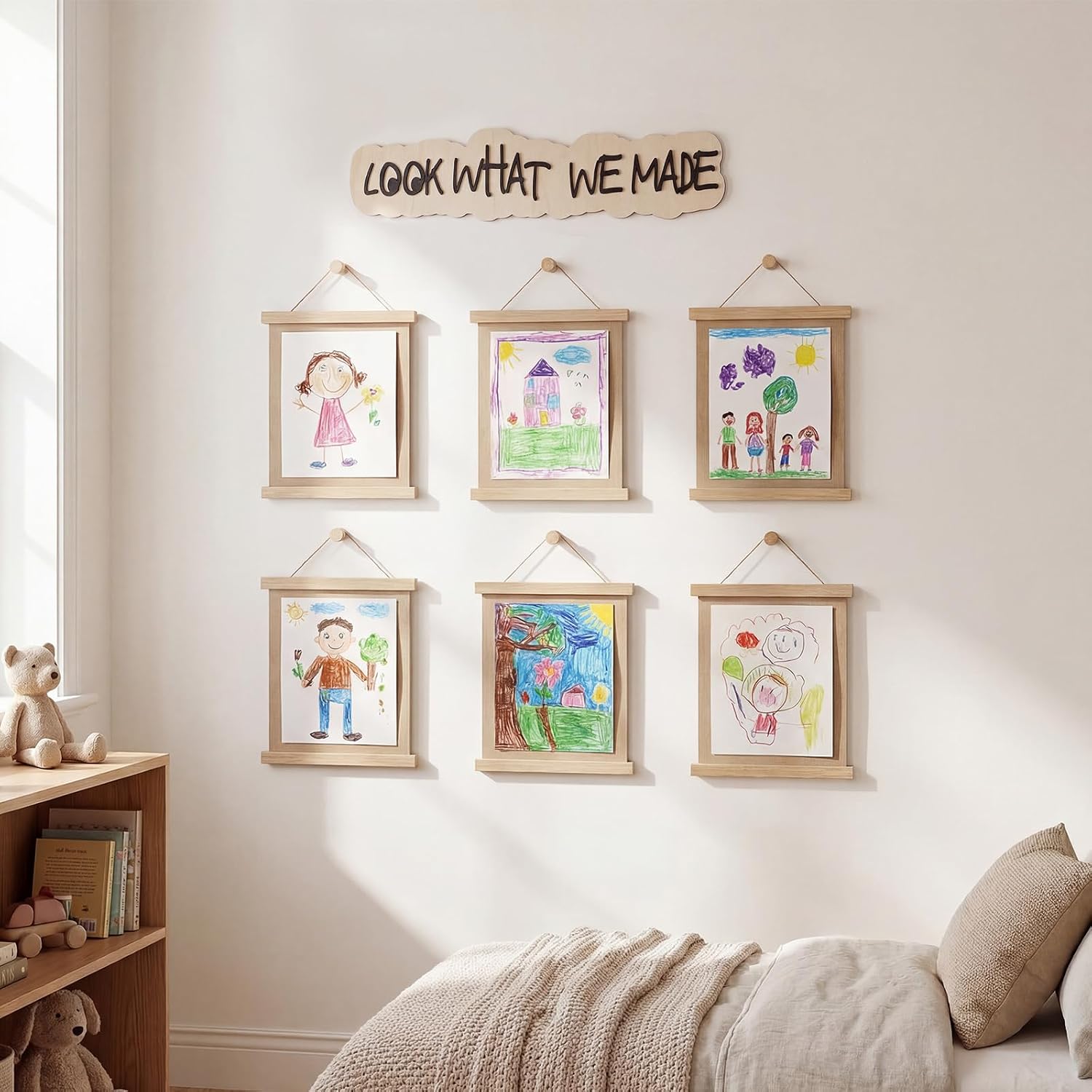 RattanView Look What We Made Wood Sign Art Display for Wall Hanging Cloud Shape Sign Wood Artwork Display Frame Modern Farmhouse Art Memory Wall Decor Playroom Family Handmade Decor(Black)