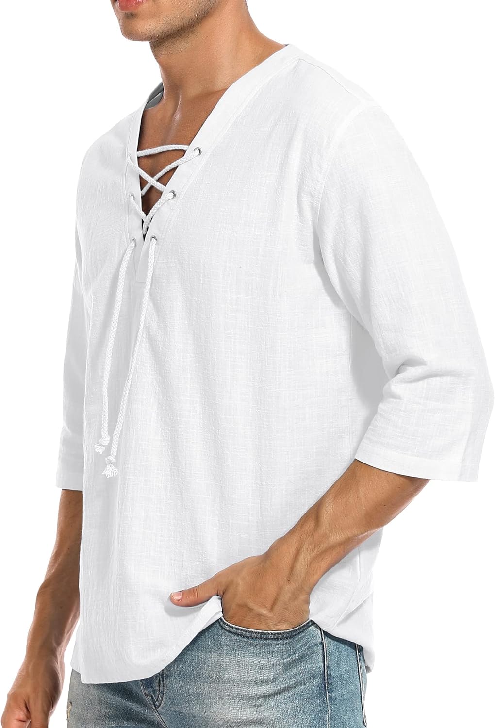 LecGee Men's Casual Cotton Linen Shirt Short Sleeve V Neck Lace Up Hippie Beach Tee Shirts Yoga Summer Top - Image 2