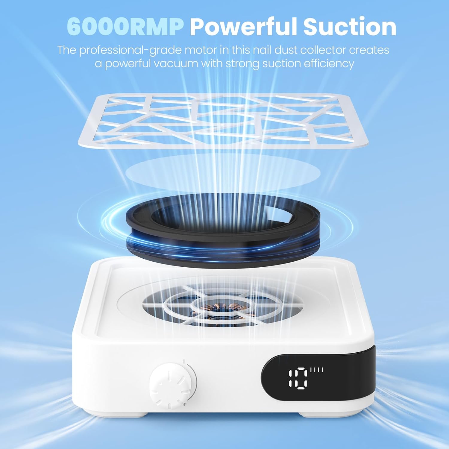 UNIWA Nail Dust Collector, 6000RPM Portable Nail Vacuum Fan with 10 Suction Modes and 30 Disposable Filter Papers for Beginner,Nail Tech Must Haves for Gel Polish,Pedicures,Salon & Home Use,White