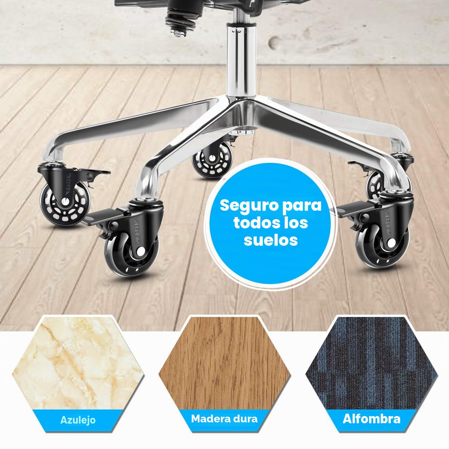 AGPTEK Juego de 5 Ruedas de Reemplazo para Silla de Oficina 11x22 mm (con Freno y Desarmador), Ruedas para Silla Resistentes Universales Pivotantes con Sistema de Freno Único