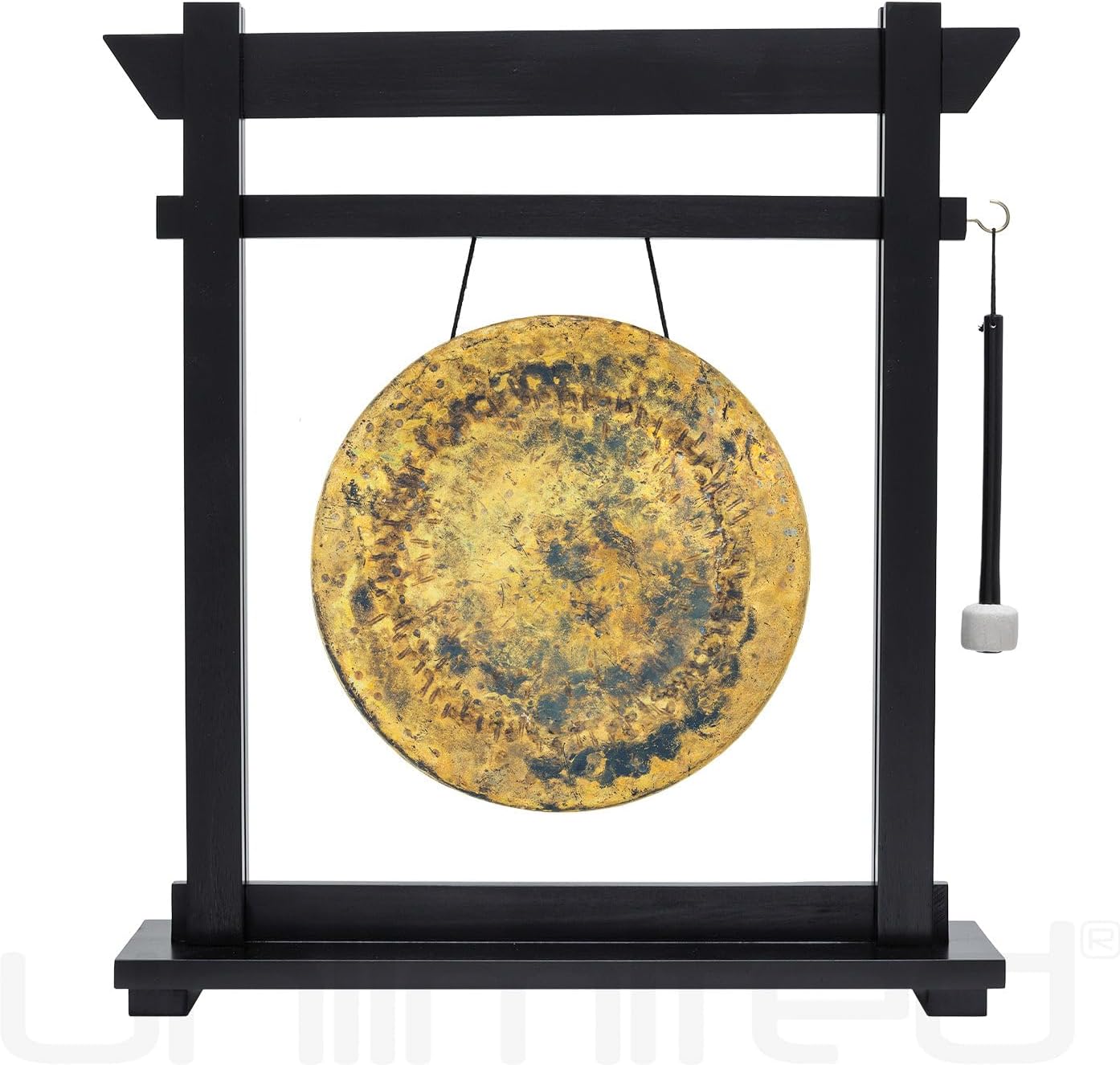 14" Gongs on Black Moksha Joe Stand Includes Gong, Mallet, & Stand/Small Traditional Chinese Gong/Black Wood w/Matching Mallet/Easy to Assemble/Great for Small Spaces