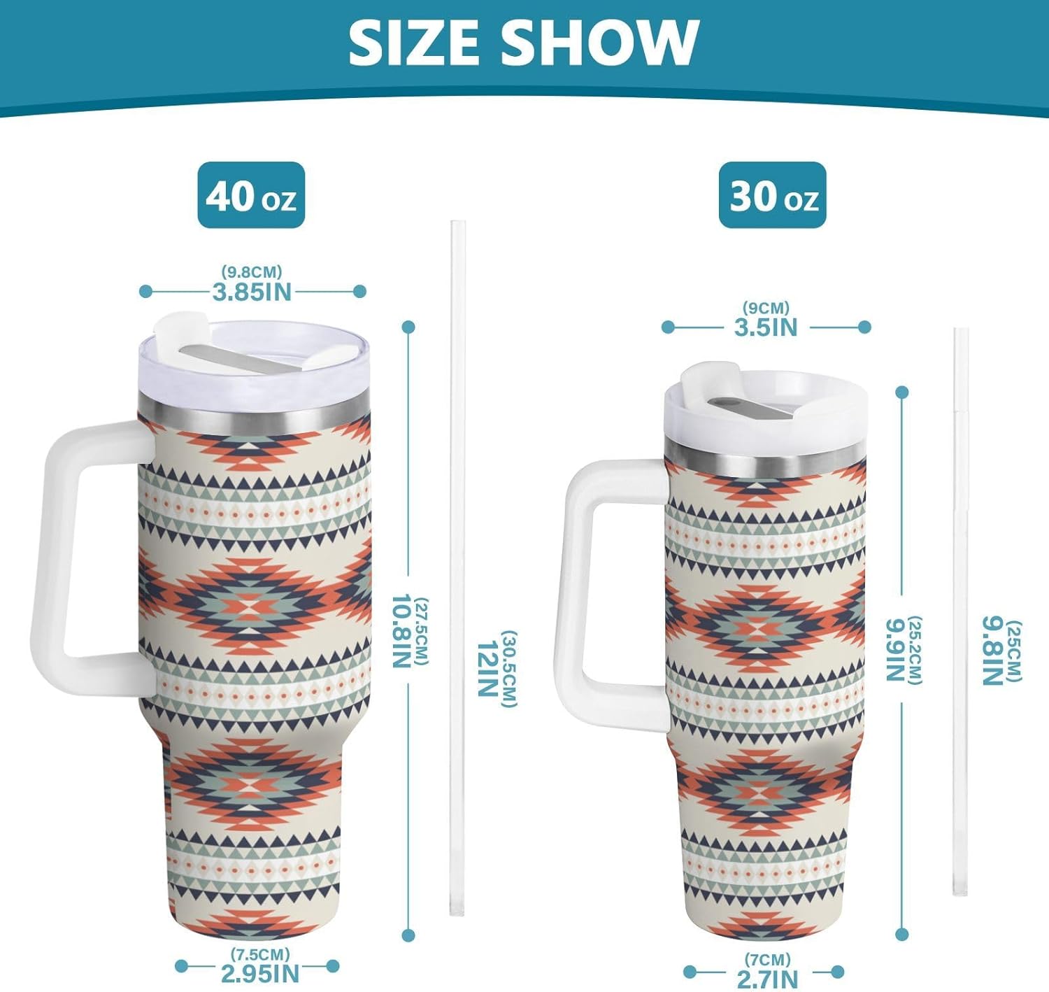 YETTASBIN Boho Aztec 30 oz Tumbler with Handle, Stainless Steel Vacuum Insulated Sports Water Bottle, Leak-proof Travel Coffee Mug Cup with Lid and Straw for Water, Iced Tea or Coffee - Image 3