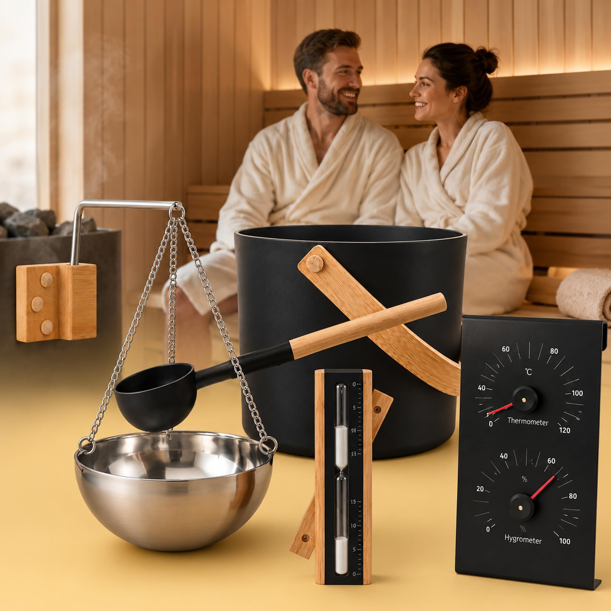 Zestaw wiadra do sauny, 7L, aluminiowy, z kadzią, miską, termometrem | Do łazienki i hotelu; kompletny; w zestawie klepsydra.