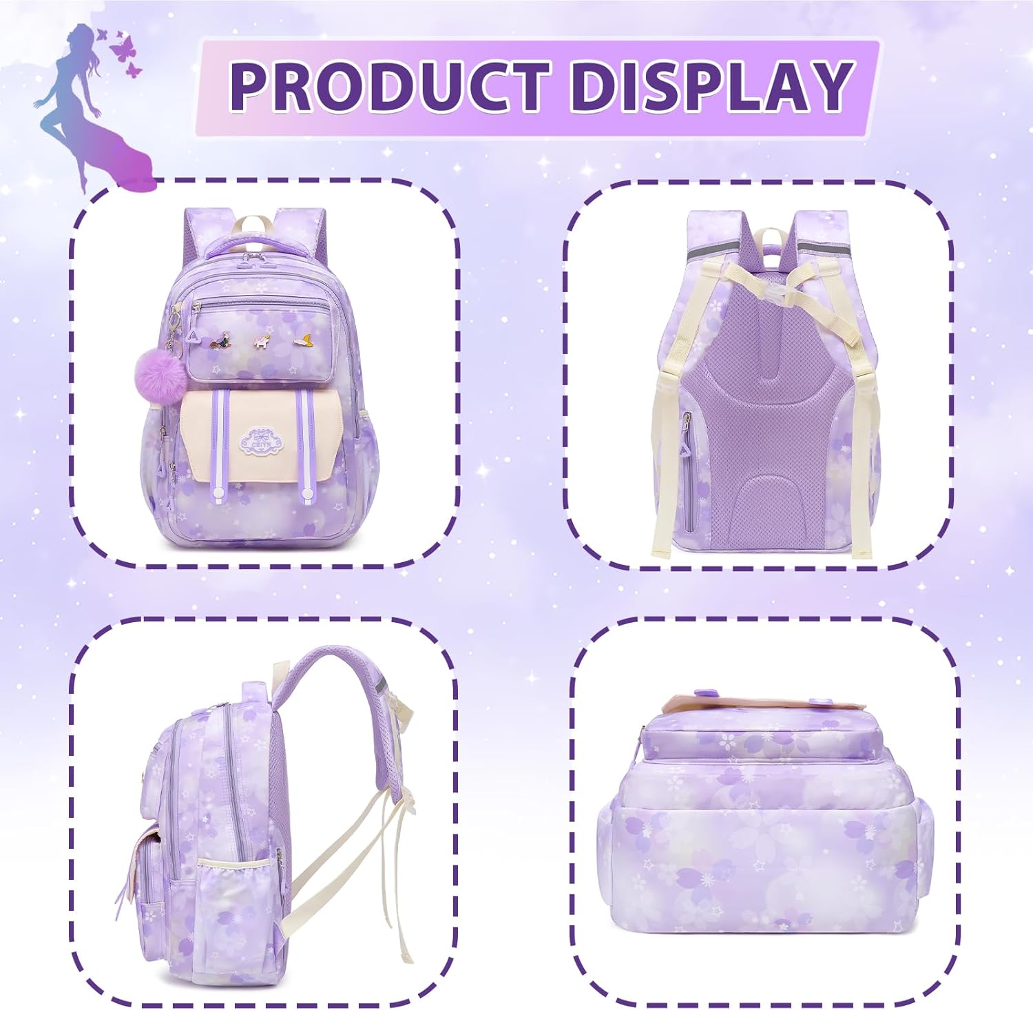Alrisg Cute Girls Backpack - Stylish School Bag for Students Versatile Chic and Splash-Proof with Multiple Pockets（17inch Purple）