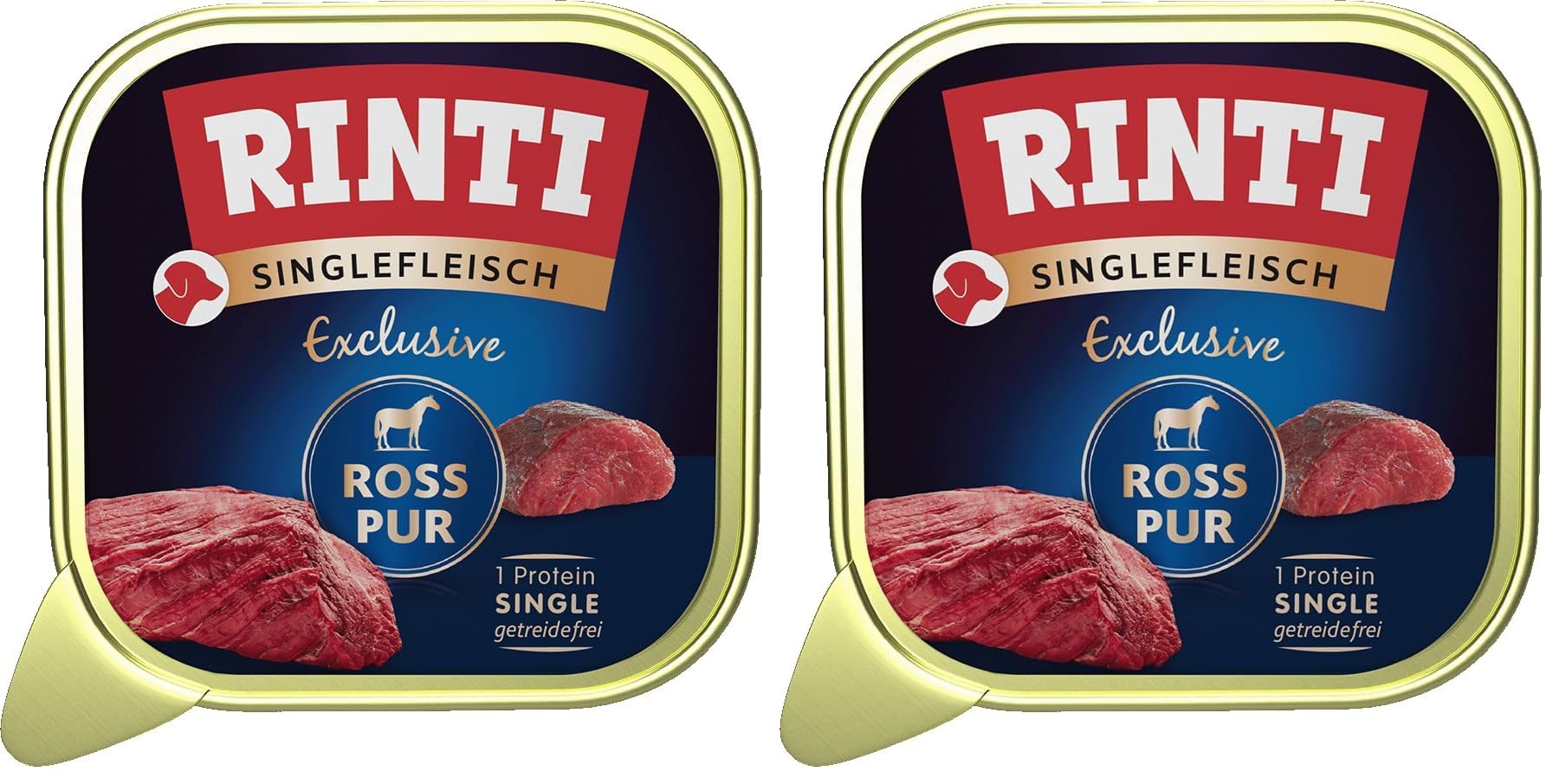 RINTI - Singlefleisch Exclusive | Nassfutter mit 100% Rossfleisch für Sensible, ausgewachsene Hunde. Alleinfutter in Schälchen ohne Getreide und künstliche Zusätze | 10x150g Ross Pur (Packung mit 2)