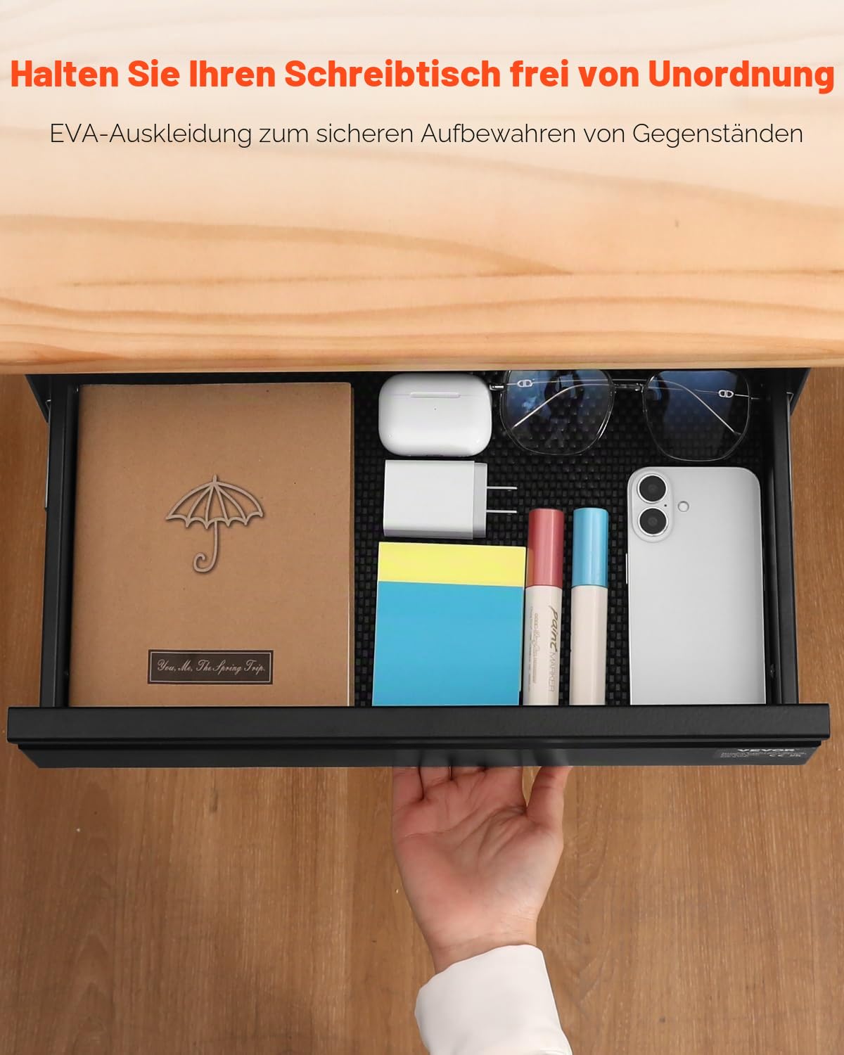 VEVOR Untertisch Schublade 365x335x250 mm, Unterbau Schreibtisch, versteckter 2-lagiger Aufbewahrungs-Organizer, abschließbare Bleistiftschublade für die Untermontage für Sitz-Steh-Arbeitsplätze