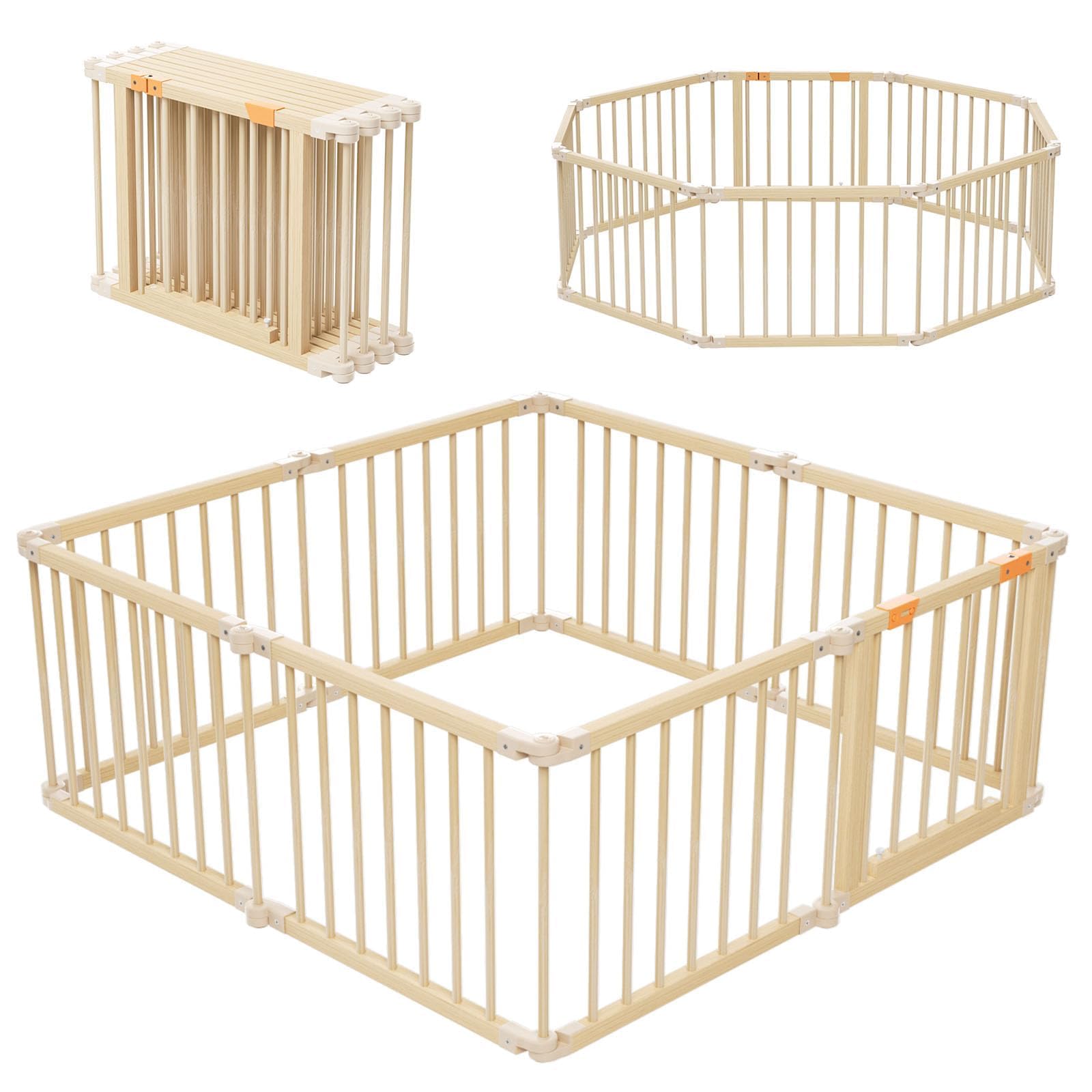 Baby Playpen, Wooden Playpen For Babies and Toddlers, Foldable Play Yard with Gate, 8 Panels Baby Fence, Indoor Play Area, Child Activity Center
