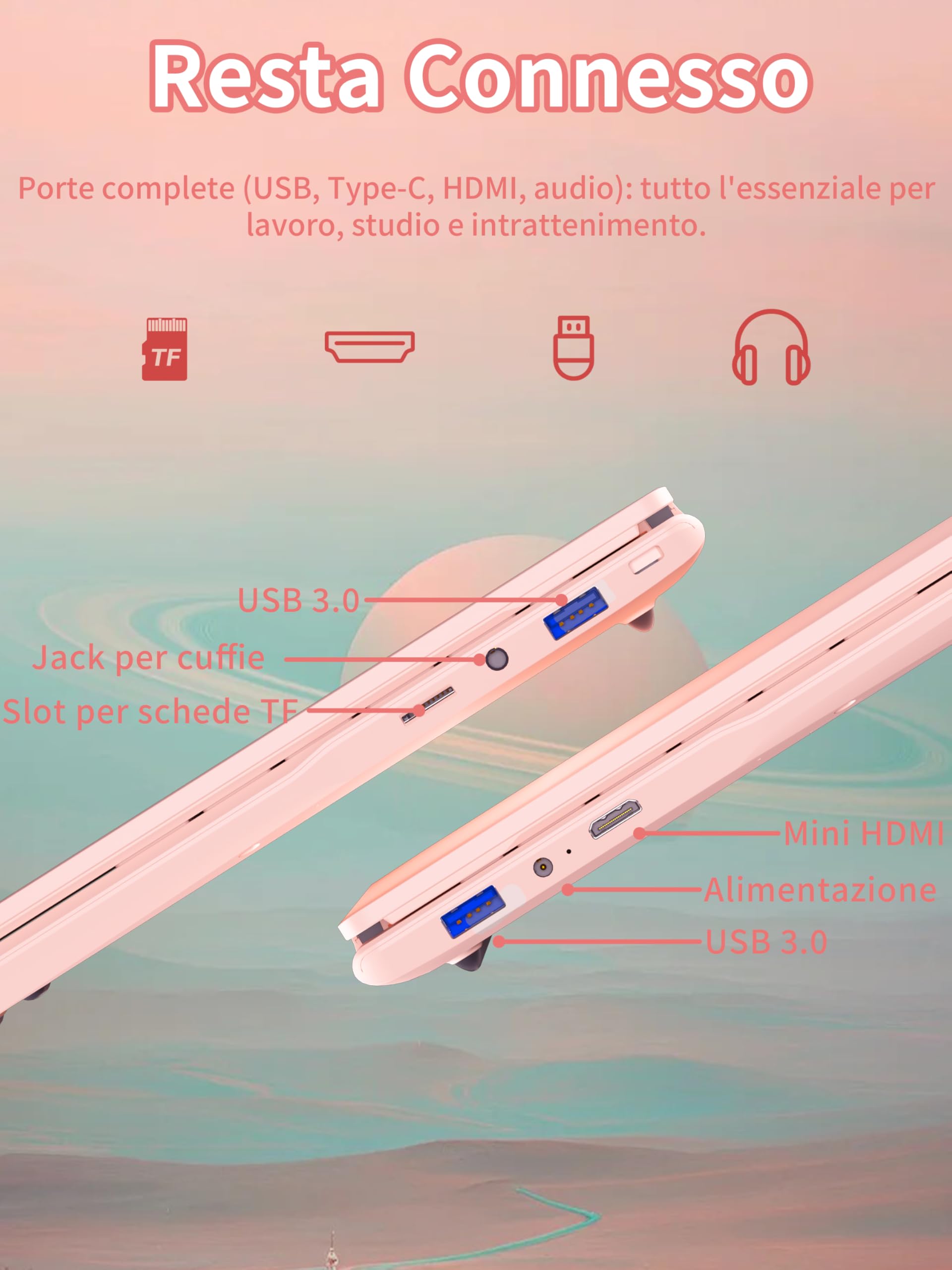 Amita Notebook 14 Zoll Pastellrosa mit N5095 Prozessor (bis zu 2,9 GHz), 16 GB DDR4-RAM, Tastaturhülle ITA, USB3.0, BT5.0, Mini-HD, physische Privatsphäre-Taste Webcam. (GB, 256)