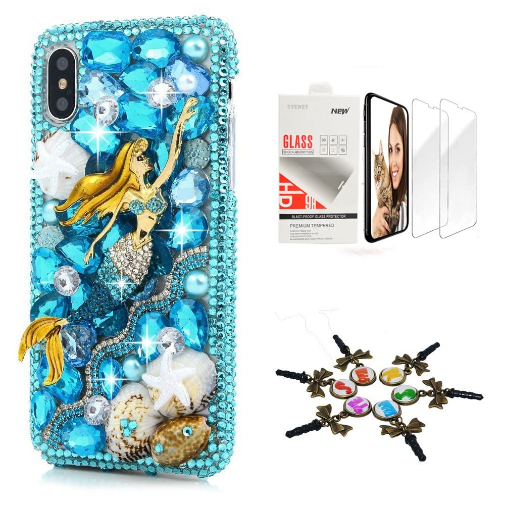 STENES Sparkle Case Compatible with Samsung Galaxy S24 Ultra 5G - Stylish - 3D Handmade Bling Mermaid Starfish Shell Crystal Rhinestone Glitter Design Cover Case with Screen Protector [2 Pack] - Blue