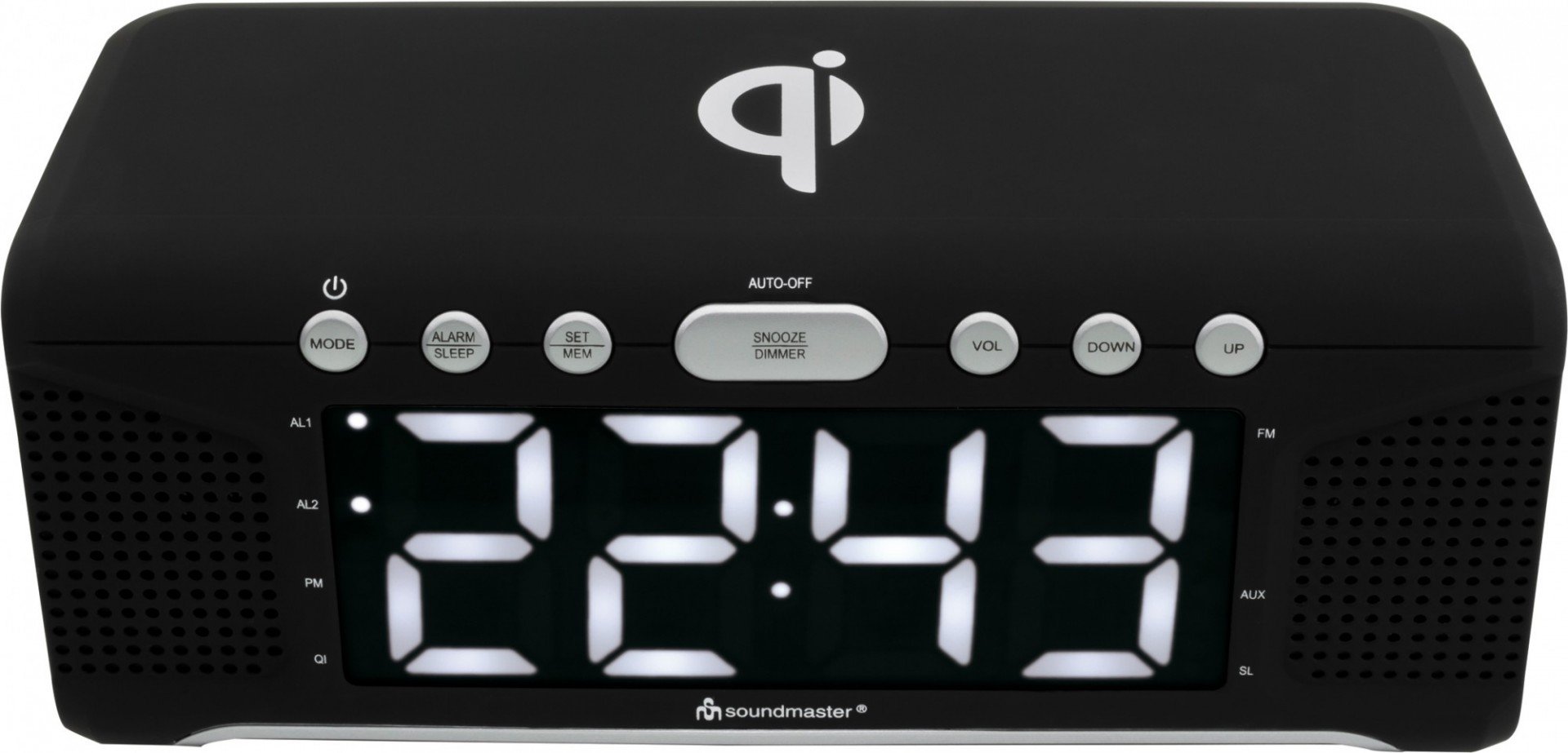 Soundmaster Radio z zegarkiem UKW UR800SW ze stacją ładującą QI do smartfonów/tabletów, przyciemniany wyświetlacz LED Jumbo, czarny