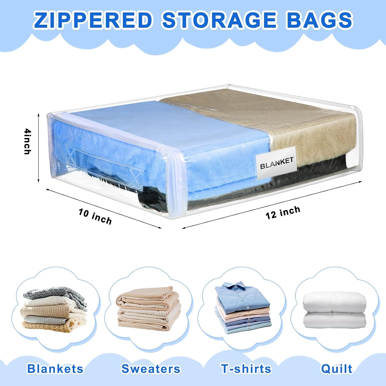 Kenning 20 Pcs Clear Zippered Storage Bags for Sheet Plastic Sweater Bags with Handle Pocket Closet Organizer Vinyl Moving Bag for Bed Blanket Clothes Throw Pillow Toys(White,12 x 10 x 4 Inch) - Image 2