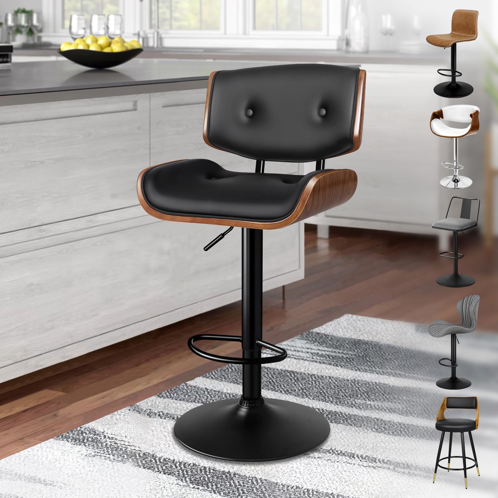 ALFORDSON Taburete de Bar, taburetes de Cocina giratorios con altura ajustable, Taburete de mostrador Odette de Madera, pistón de gas, Cuero PU abotonado, Negro