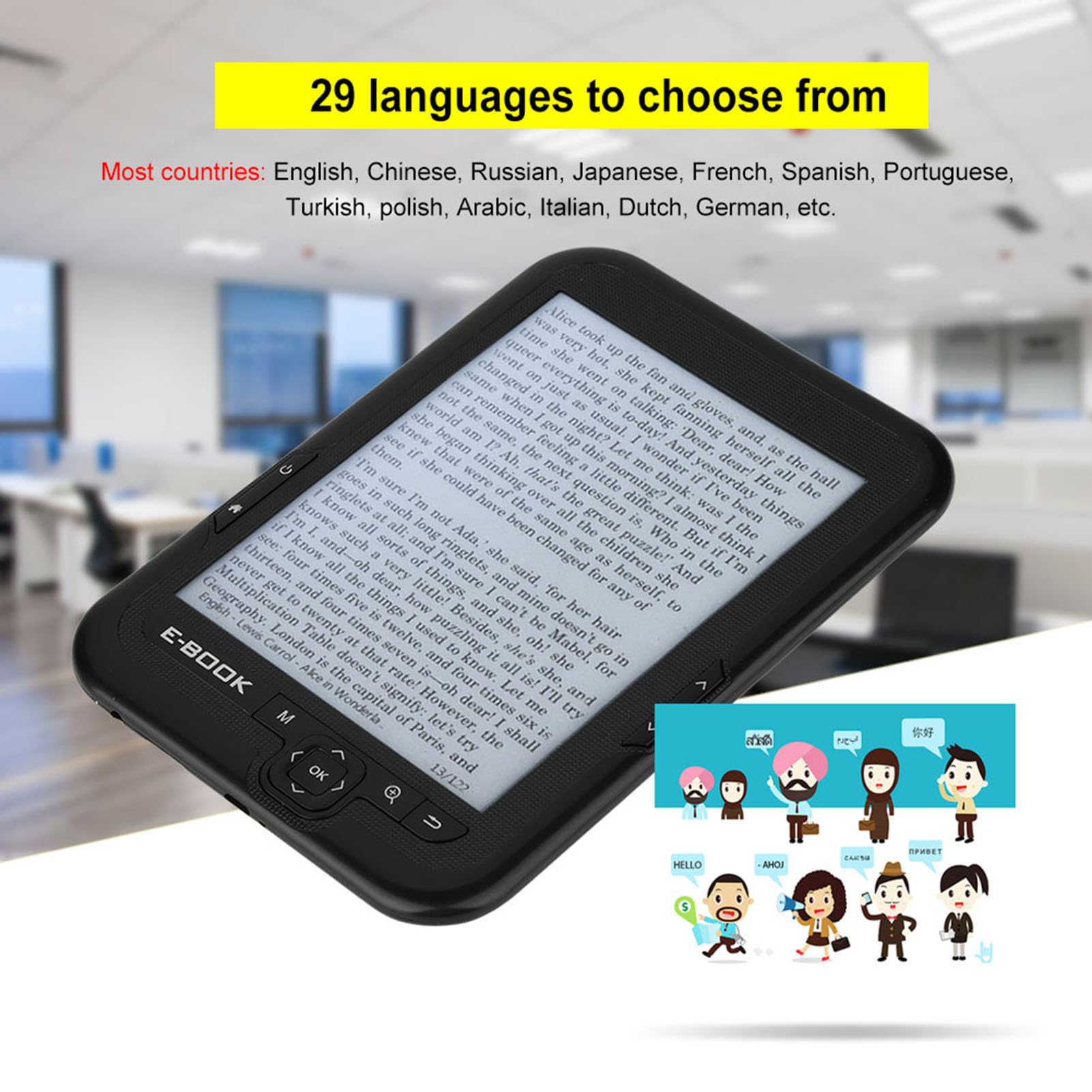 Lector de Libros de 6 Pulgadas Erer Electronic Ink Ereader Black Tink E-Tink con 29 Idiomas y Cubierta Azul para Reloj y Calendario (8g)