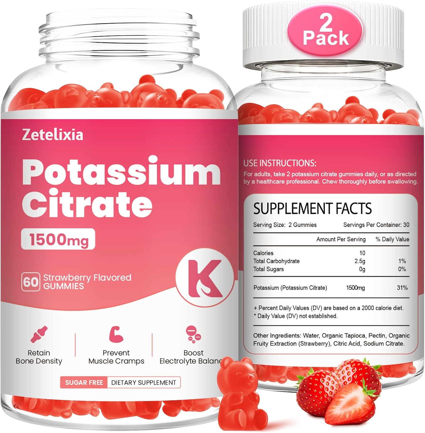 2 Pack Potassium Gummies for Adults Women & Men, Potassium Citrate Supplement, Support Leg Cramps, Muscle Health & Electrolyte Balance, Sugar Free, Organic, Vegan, Strawberry, 120 Cts