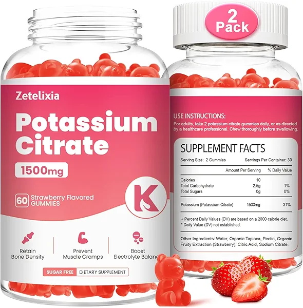 Zetelixia 2 Pack Potassium Gummies for Adults Women & Men, Potassium Citrate Supplement, Support Leg Cramps, Muscle Health & Electrolyte Balance, Sugar Free, Organic, Vegan, Strawberry, 120 Cts