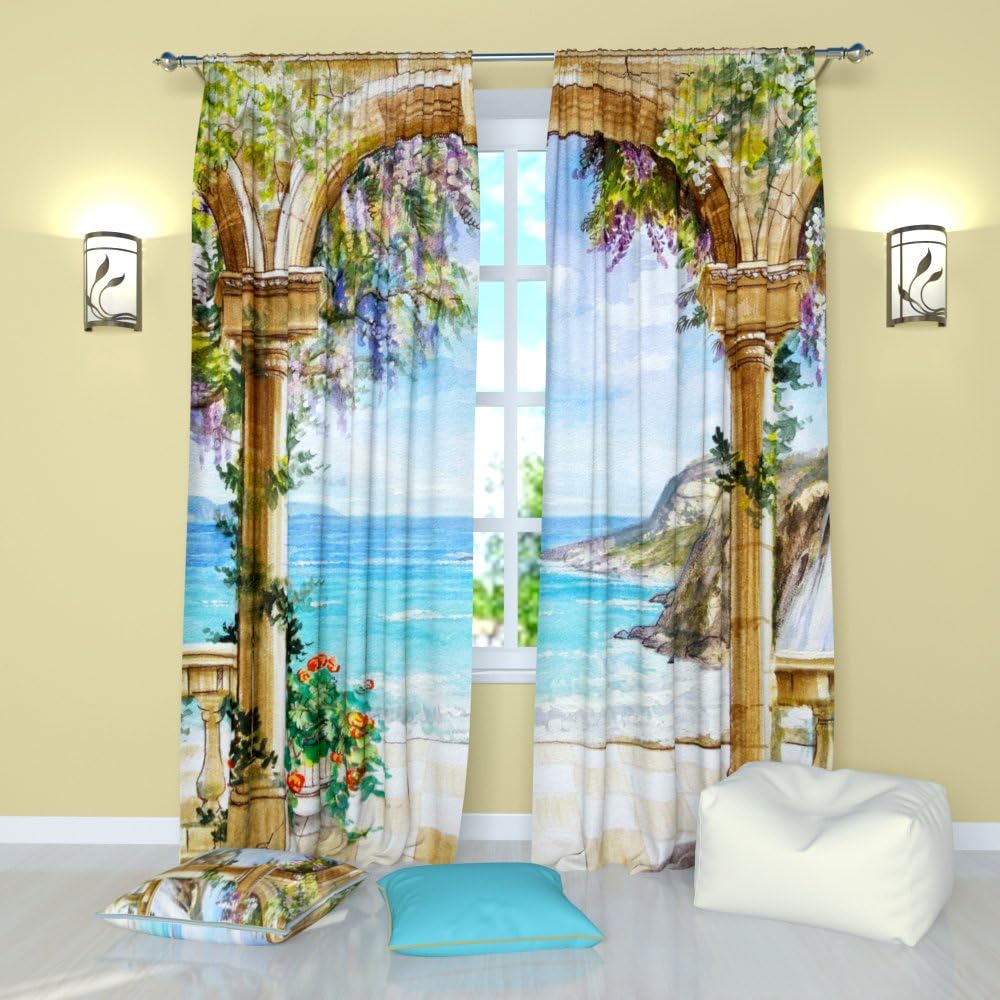 Factory4me Art Landscape Curtains Beautiful Seaside and Majestic Cliff Nature Curtains with Plant Arch, Rod Pocket Room Darkening Drapes 84 inches Long For Living Room Bedroom Kitchen Blue Beige Green