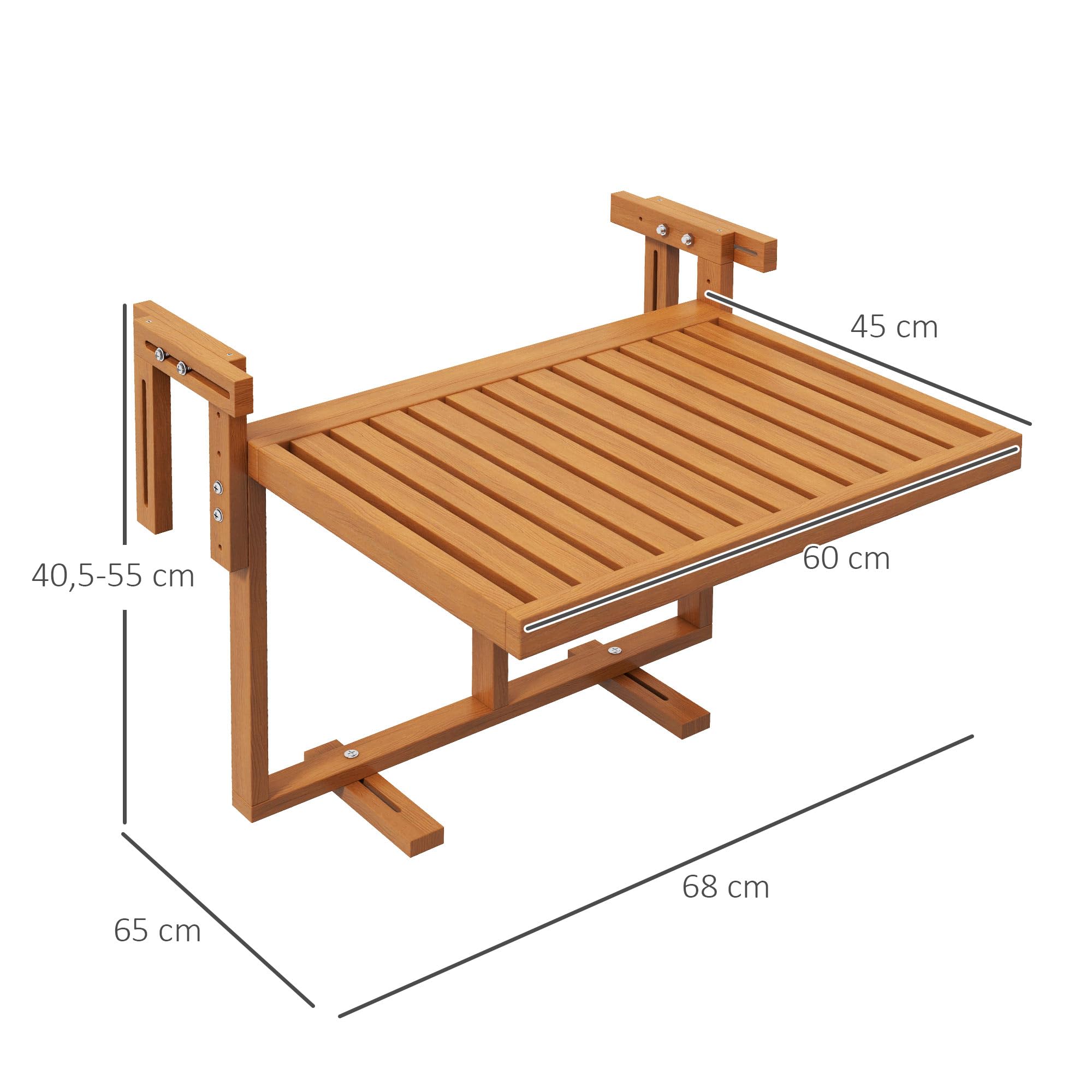 Outsunny Table de Balcon Suspendue Pliable Bois Plateau rectangulaire Hauteur réglable 68x65x40,5-55 cm Naturel