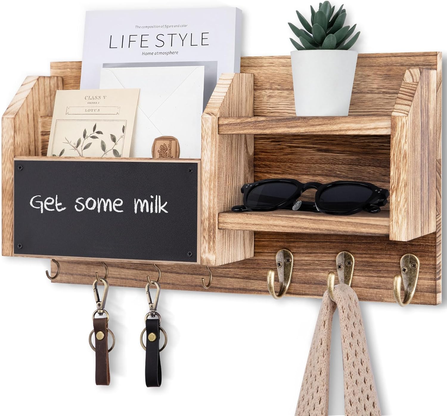 Mail and Key Holder – Wall Mount Key Hanger with Shelf and 7 Metal Hooks – Decorative Natural Paulownia Wood Entryway Organizer with Mounting Hardware (16.5”W x 8.7”H x 3.5”D) (Wood)