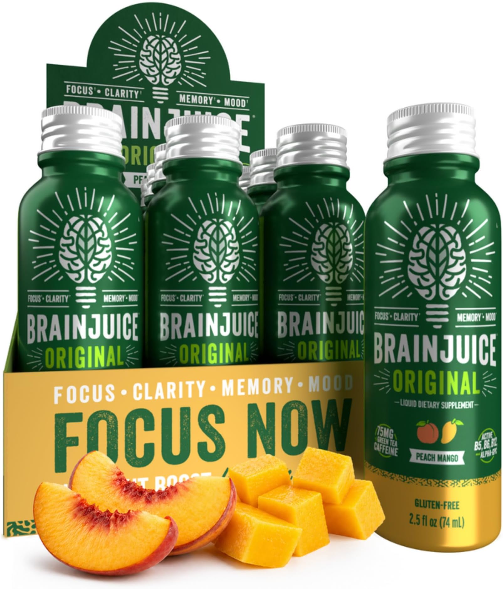 BrainJuice Brain Support Shot, Gluten Free Supplement Shots for Energy & Focus, Healthy Drinks with Alpha GPC, Vitamin B, 2.5 fl oz, 12 Pack (Peach Mango Caffeinated)