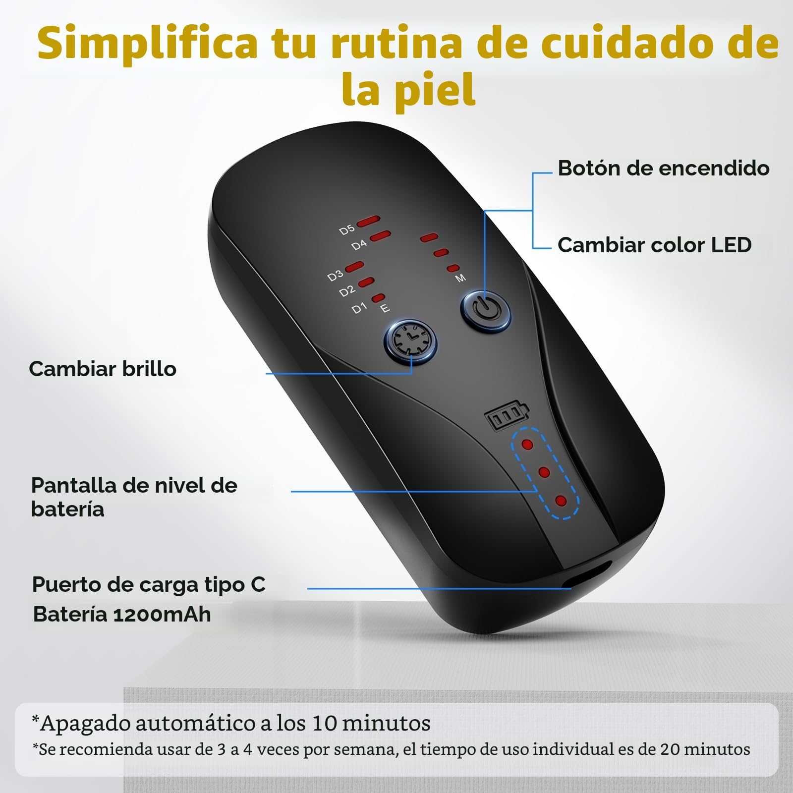 Máscara LED para cara y cuello, 7 colores, 5 niveles de brillo