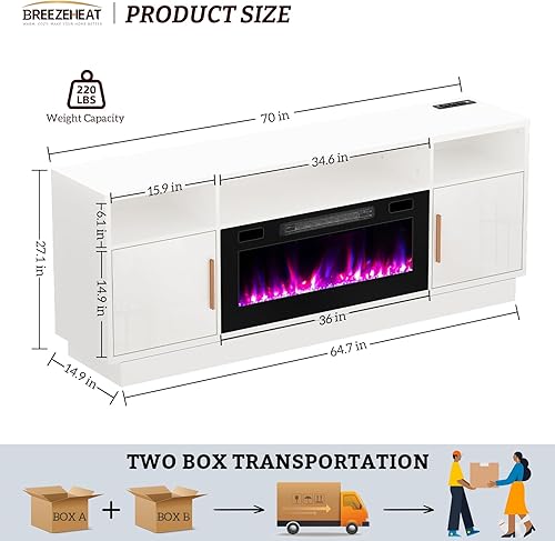 Miniatura 55 de BREEZEHEAT Soporte de TV eléctrico con chimenea de 36 pulgadas de hasta 80 pulgadas, centro de entretenimiento LED con puertas de alto brillo,