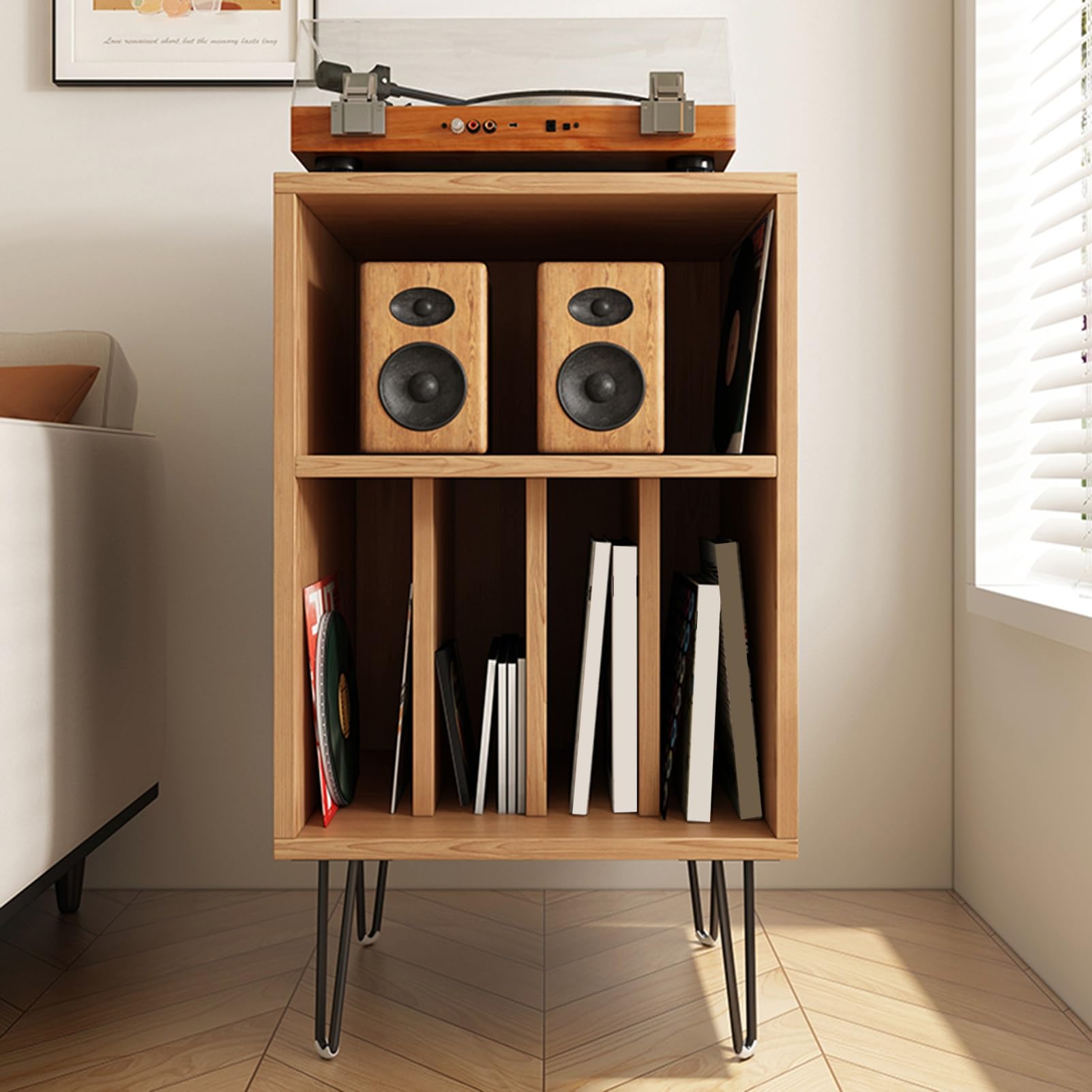 Meuble stéréo marron clair, support audio élégant avec étagère multimédia ouverte