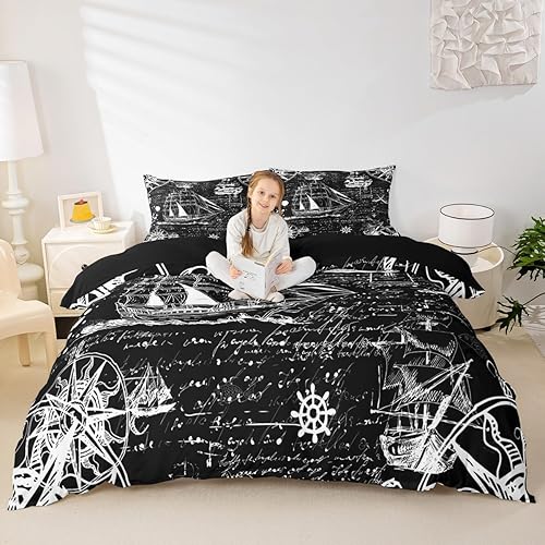 Miniatura 4 de jejeloiu Juego de ropa de cama náutica para niños y niñas, juego de funda de edredón con estampado de bote, decoración de ancla, funda de edredón