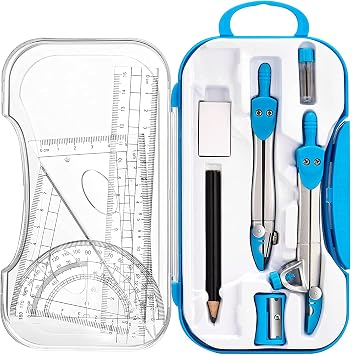Math Compass for Geometry Set,10 Pcs Student Geometry Box Includes Storage Box, Rulers, Protractor, Compass, Eraser, Sharpener, Lead Refills, Pencil for Drafting and Drawings