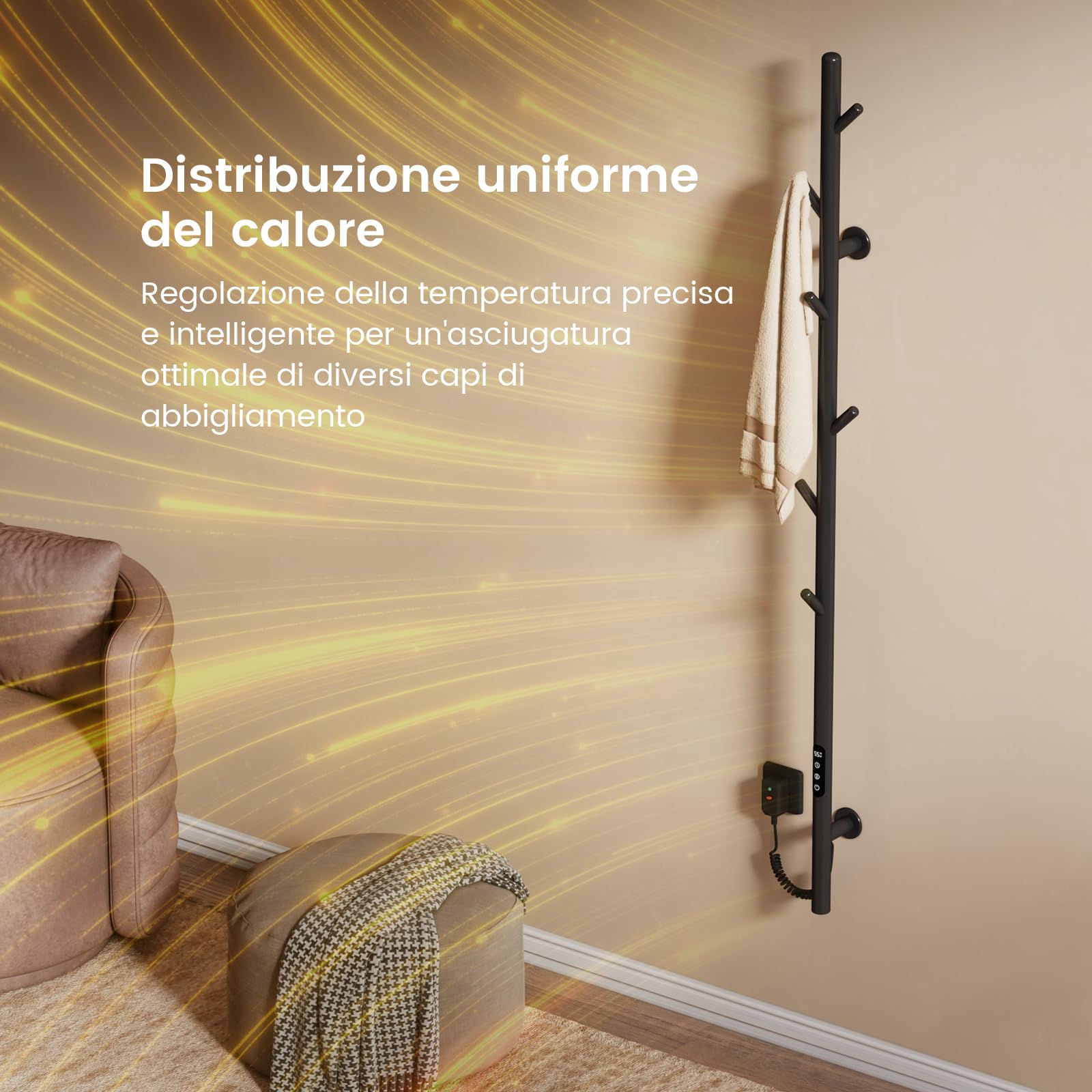 EMKE Scaldasalviette Elettrico da Bagno, Portasalviette Riscaldato con 6 Ganci, Nero