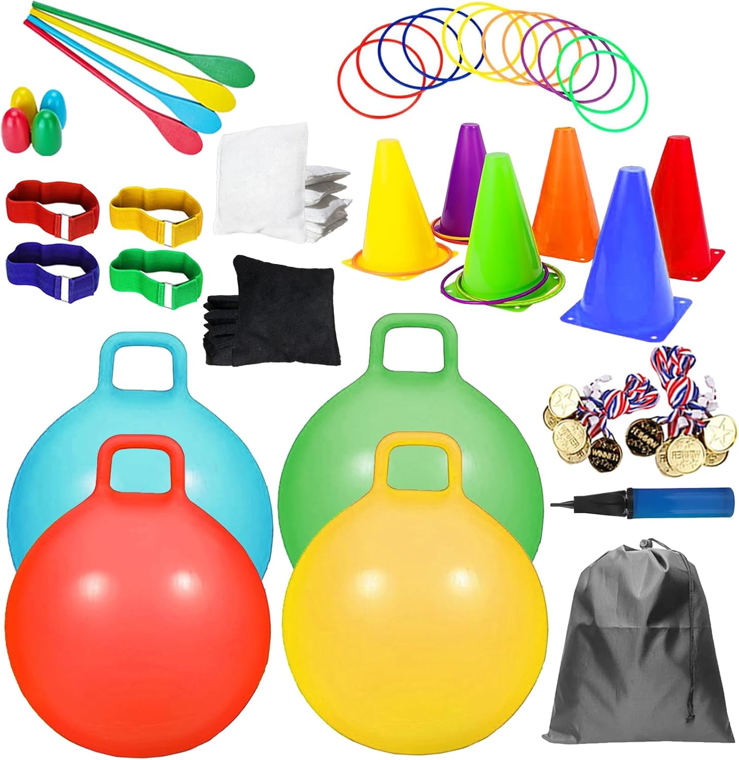 58PCS Carnival Outdoor Games Combo Set,17.7IN Hopper Balls with Handle,Egg Spoon Relay Race,Soft Plastic Cones Bean Bags Ring Toss Game,3 Legged Race for Family Reunion Outside Field Day Easter Games
