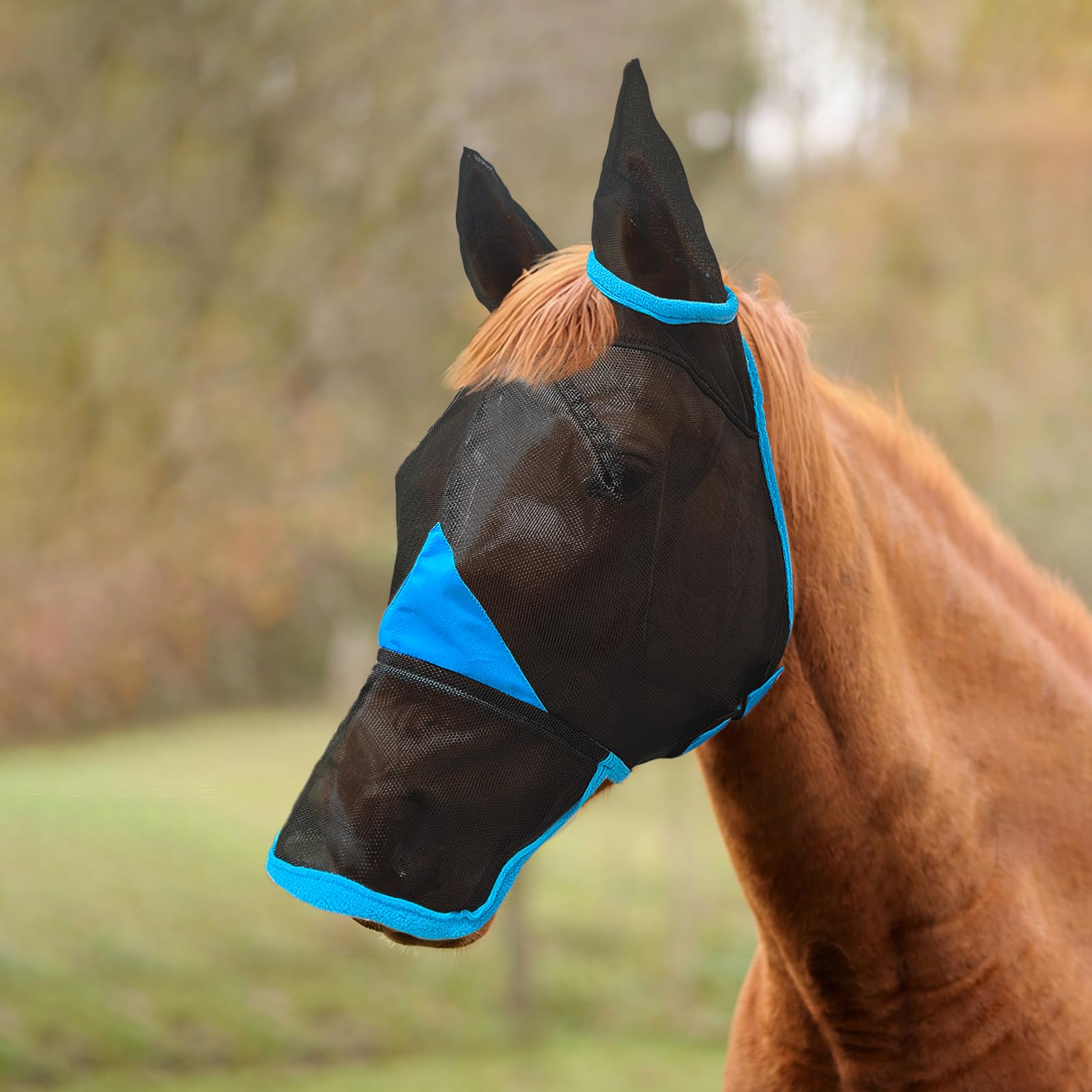 Hilltown Horse Fly Mask with Nose Cover - Large Eye Space, Full Face UV-Block, Breathable Fabric, Adjustable Fit, Durable & Polar Fleece Trim, Horse Fly Mask for Hot or Bug-Heavy Areas - Cob, Blue