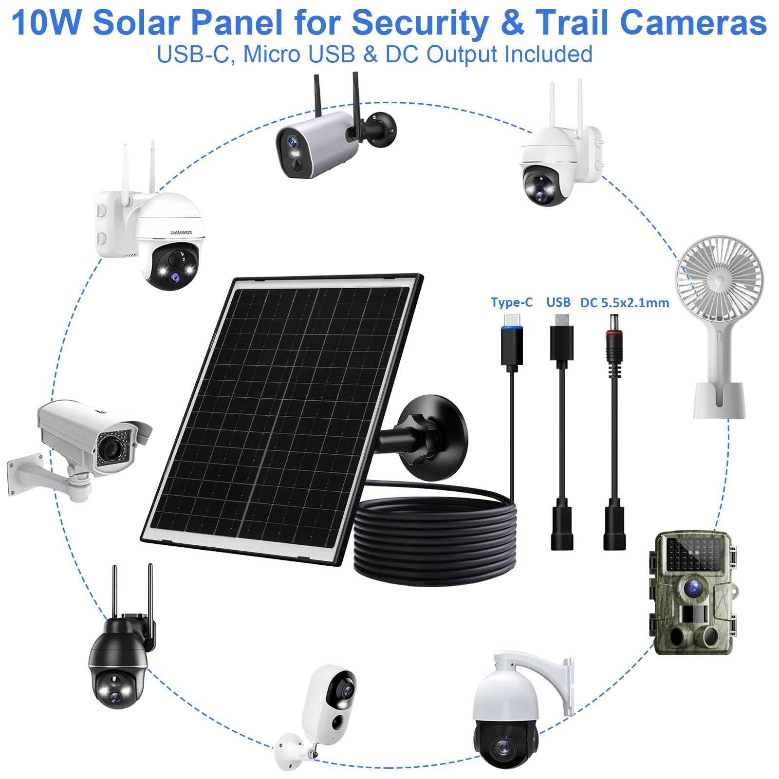 FUTUREZEN Panneau solaire 10 W pour caméra de sécurité, caméra de trail, appareil de type C, chargeur solaire avec USB-C, micro USB et port CC 5,5 x 2,1 mm, étanche IP66, support réglable, câble de
