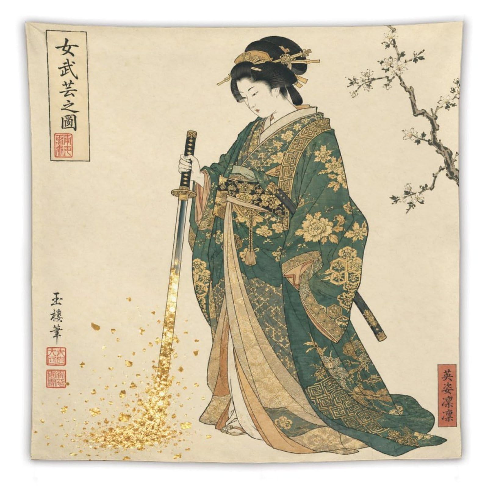 H3B8U2Y5 Japanese Woman with Sword Wall Tapestry, Ukiyo-e, Green Kimono
