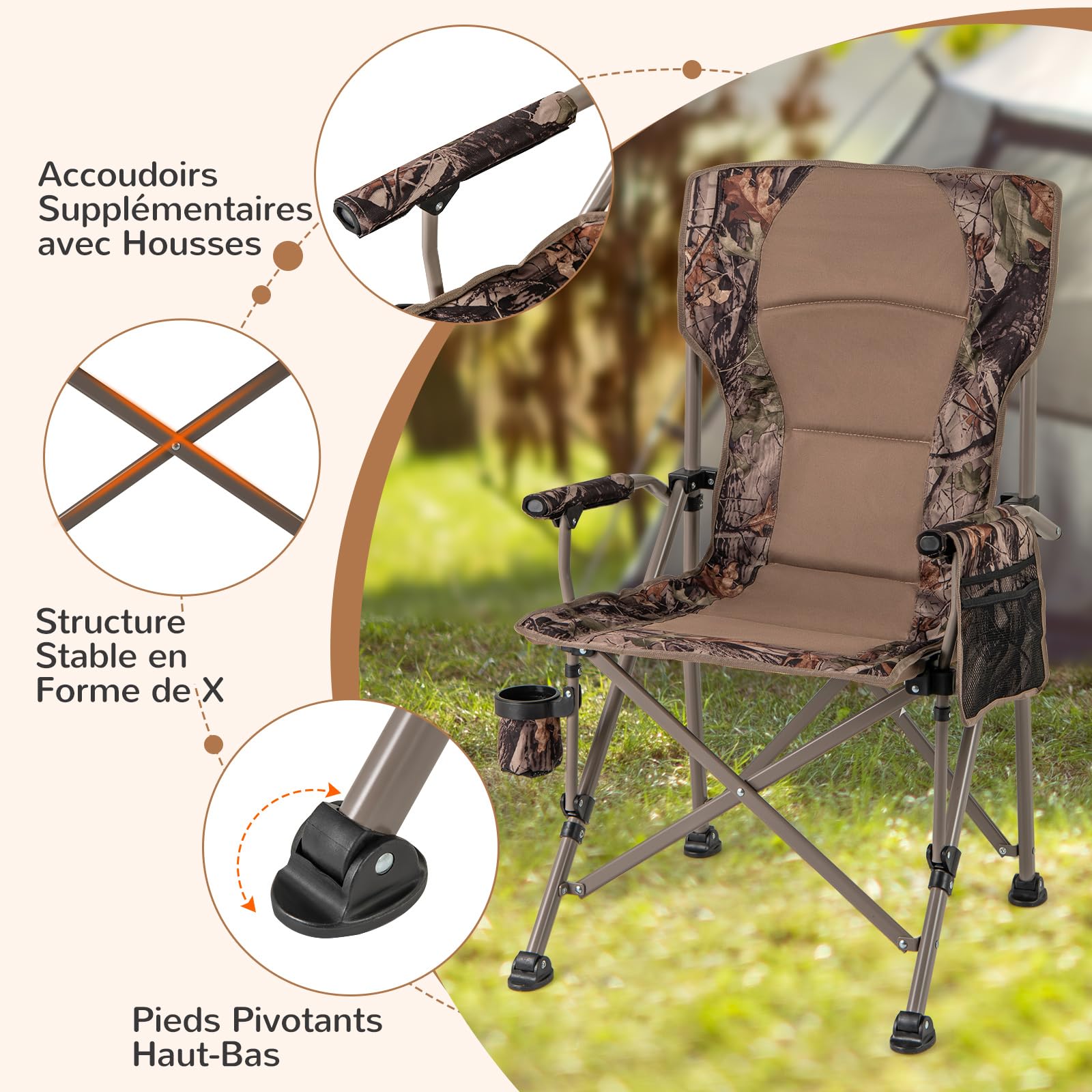 COSTWAY Chaise Pliante Camping, Chaise de Jardin Exterieur, Charge 180 kg, Sac de Transport, Porte-Gobelet, Poche de Rangement, Pieds Réglables, Fauteuil Pliant pour Camping Voyage Pêche, 67 × 62 × 10