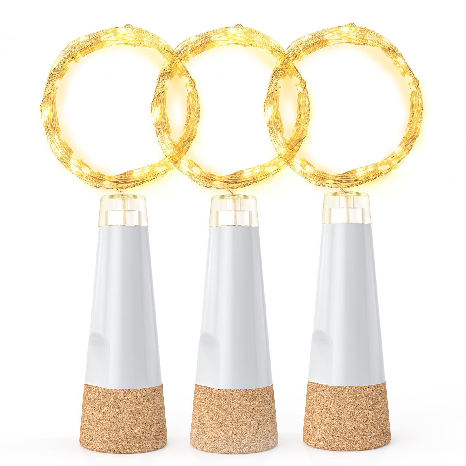KOBWA Flaschenlichter mit Korken, USB Wiederaufladbares Weinflaschenlicht, 20 LED Lichterkette 2m Kupferdraht, Warmweiß, 3er-Pack, Innen und Außen, für Weihnachtsdekorationen