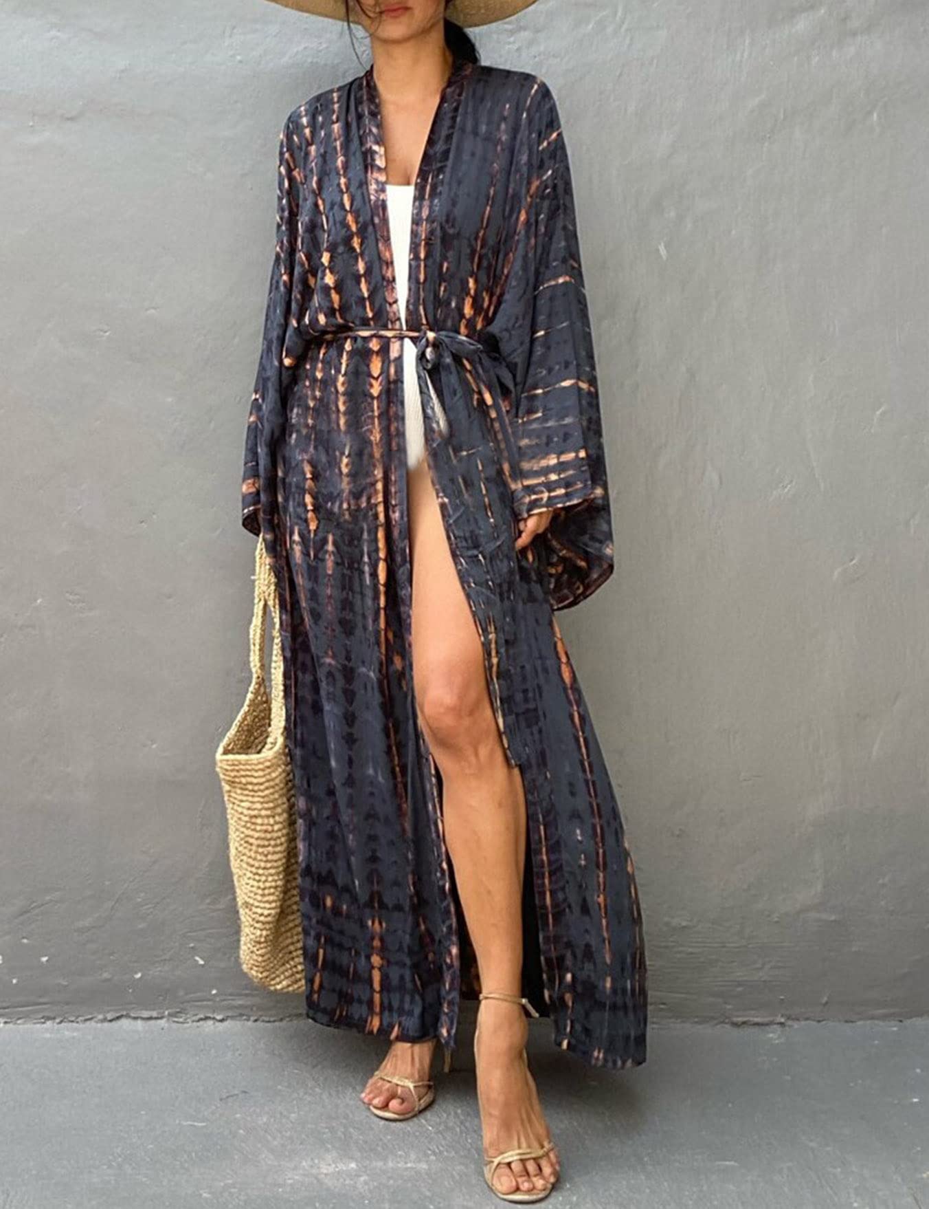 Robe de Plage Femme Été Kimono Bikini Cover Up Tunique Cardigan Imprimé Caftan Grande Taille Kaftan Bohème Maxi Longue Fluide Maillot de Bain Boho Sarong Beachwear Longue Gilet