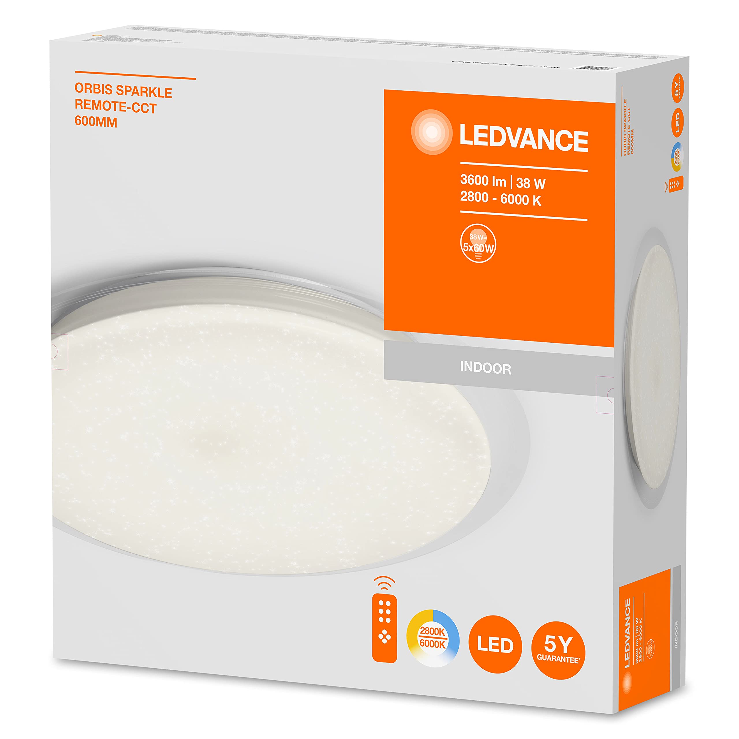 LEDVANCE Oprawa ścienna i sufitowa LED: for sufit, ORBIS® Sparkle / 38 W, 220…240 V, kąt rozsyłu światła: 120°, Ciepły biały/Zimna biel/Daylight, 2800…6000 K, materiał: aluminum, IP20