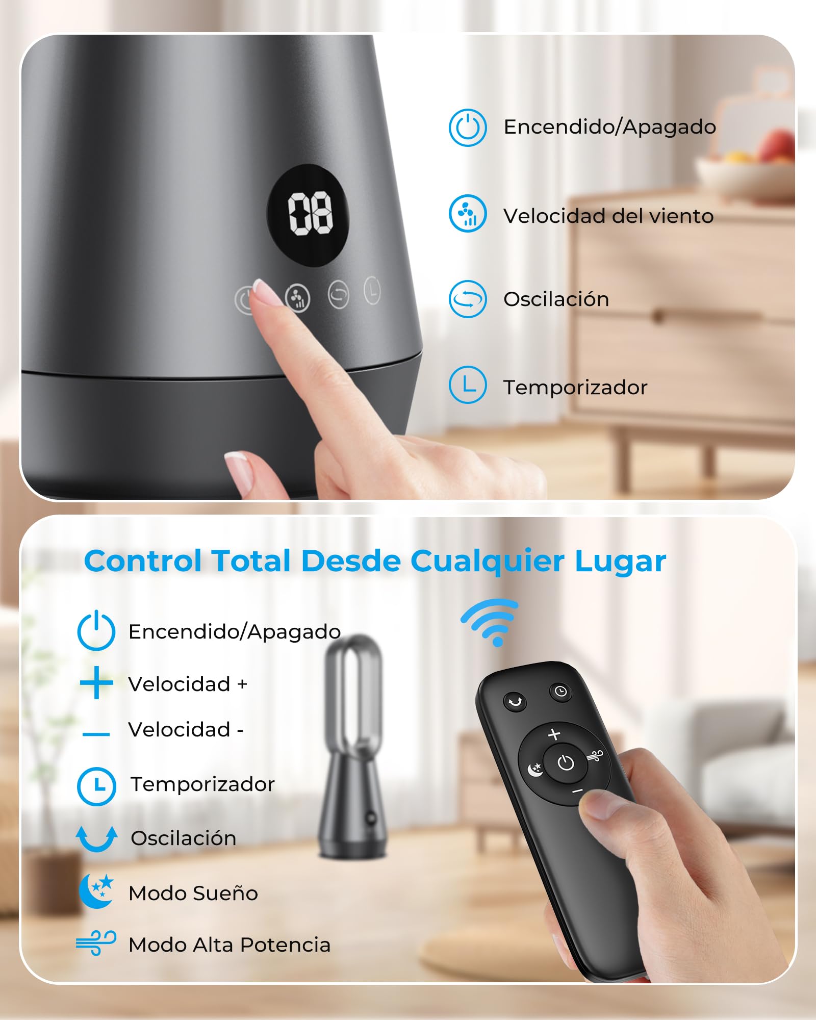 Ventilador de Torre Silencioso sin Aspas,Ventiladores Aire Frio con 8 Velocidades,2 Modos(Sueño,Viento Fuerte),Temporizador 9h,Oscilación 80°,Mando a Distancia,Pantalla LED,32dB Bajo Nivel de Ruido