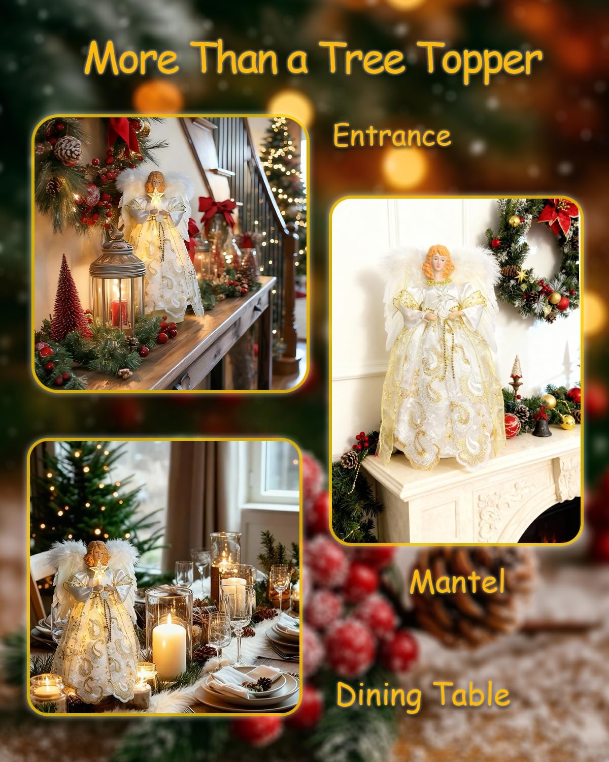 2025 Angel Tree Topper with Lights, Vintage Angel Christmas Tree Topper Lighted Battery Operated with Plump Wings for Christmas Indoor Decoration Gold & White, 12.6” - Image 4