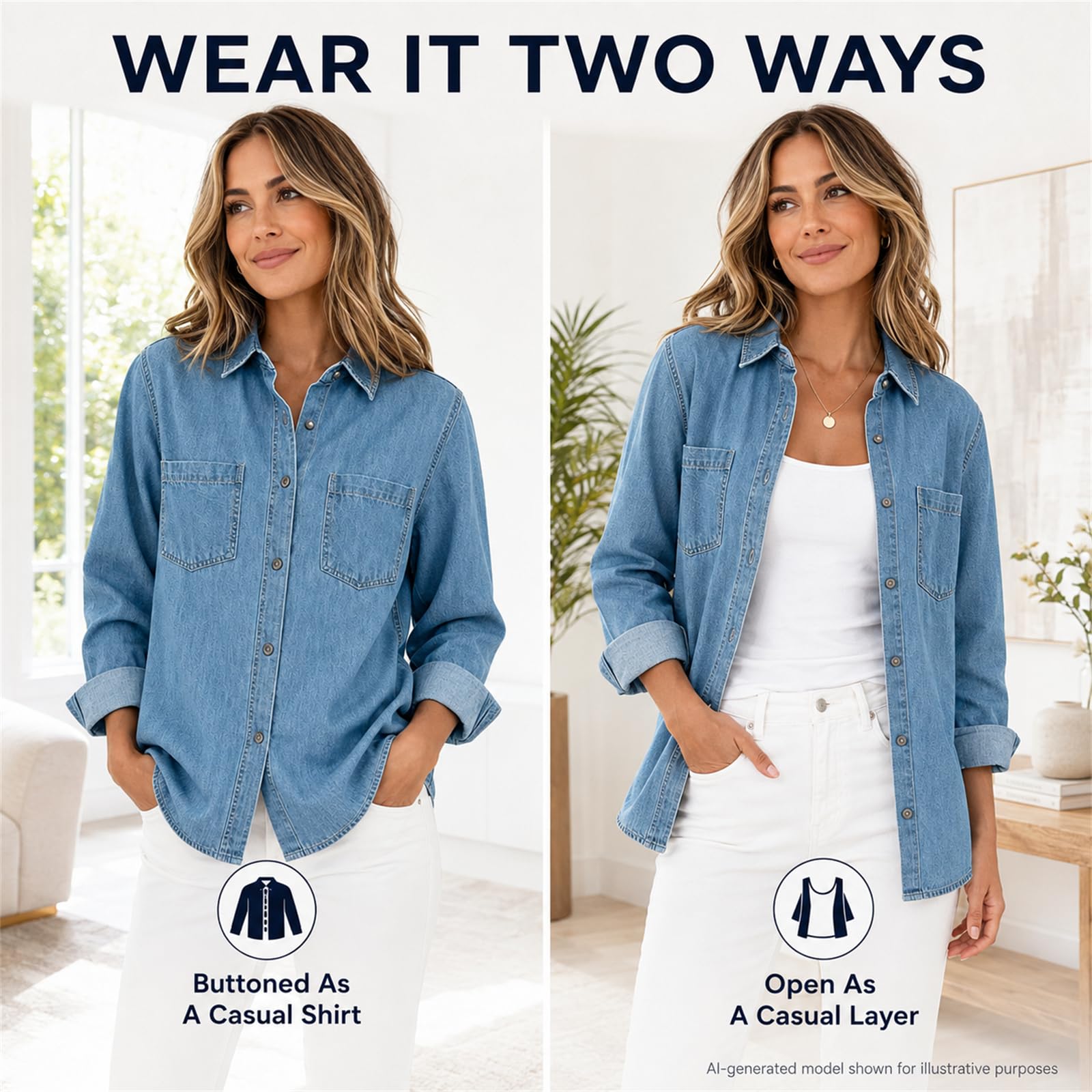 Camicia in jeans da donna, oversize, a maniche lunghe, con bottoni, con due tasche sul petto | Morbido denim con vestibilità oversize, abbottonatura continua e due tasche sul petto per una comoda stratificazione