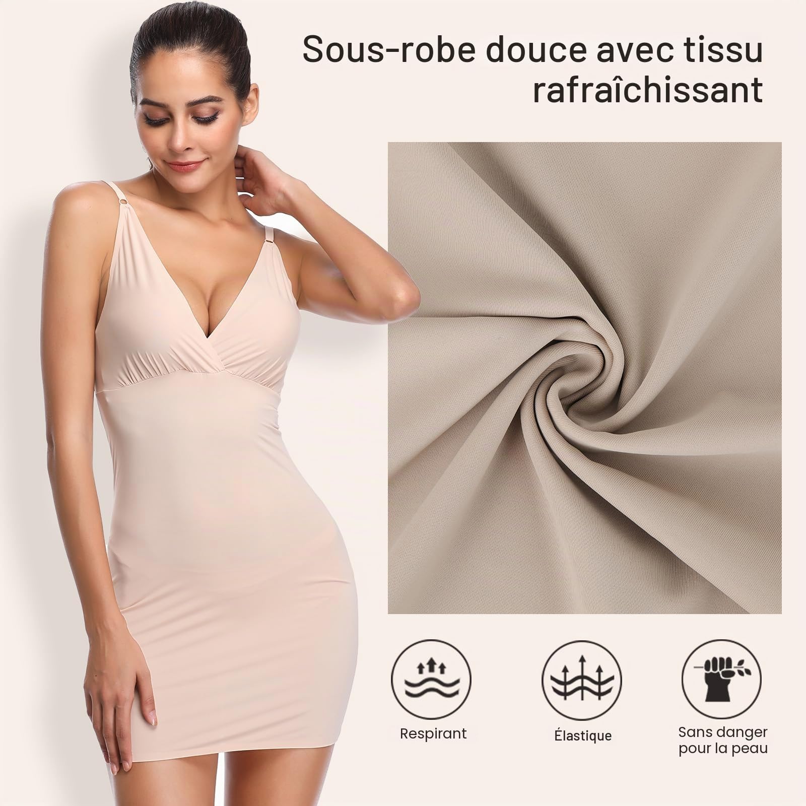 Joyshaper Fond de Robe Femme Col V Robe Sculptante Ventre Plat Body Shaper Chemise de Nuit Doux Under Slip Dress