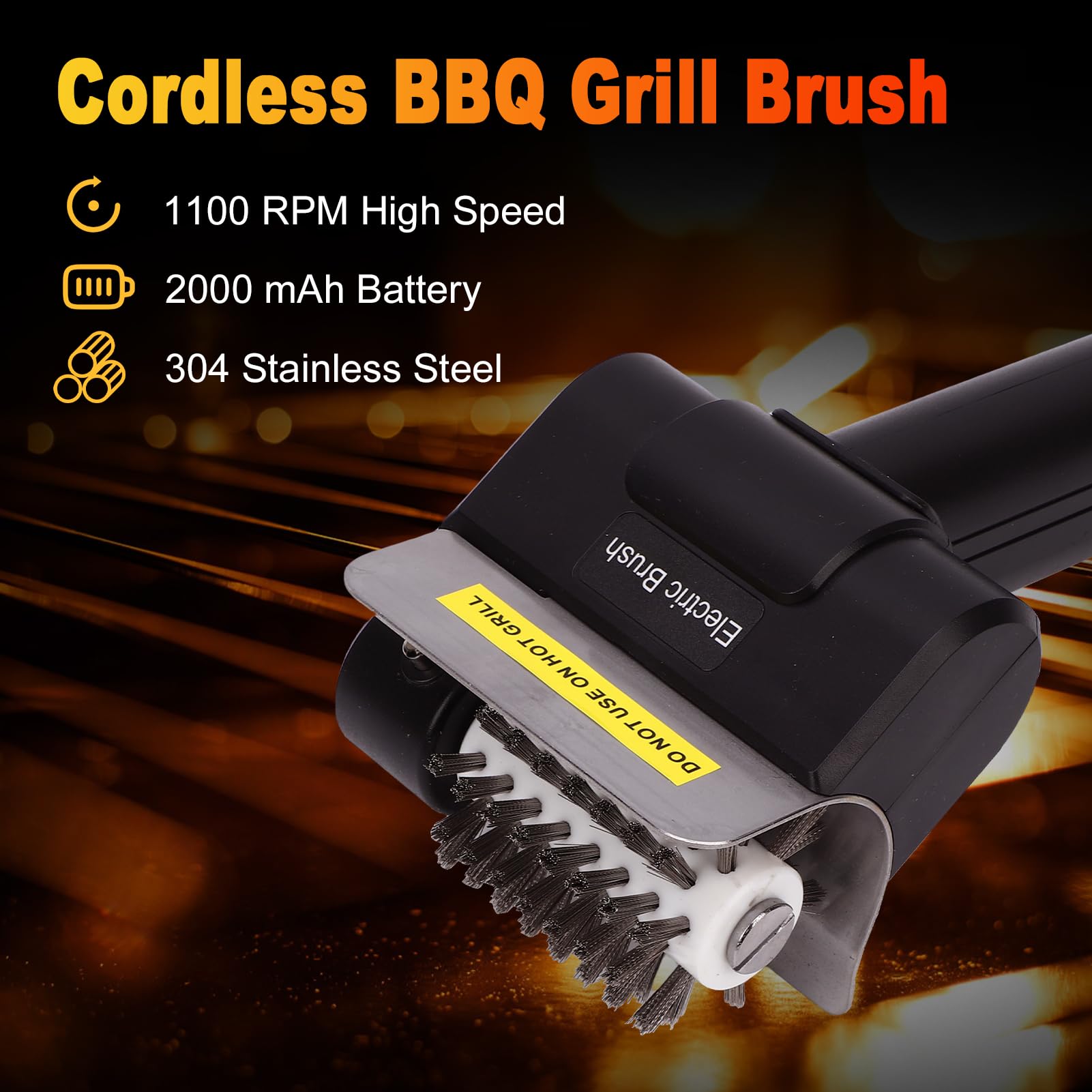 Weytoll Spazzola elettrica per barbecue, 1100 giri/min, senza fili, setole in acciaio inox, pulitore elettrico per barbecue a gas, carbone, ceramica e ghisa, manutenzione barbecue (nero)