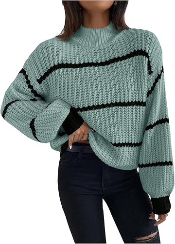 GORGLITTER Women's Striped Oversized Sweaters Color Block Long Sleeve Turtleneck