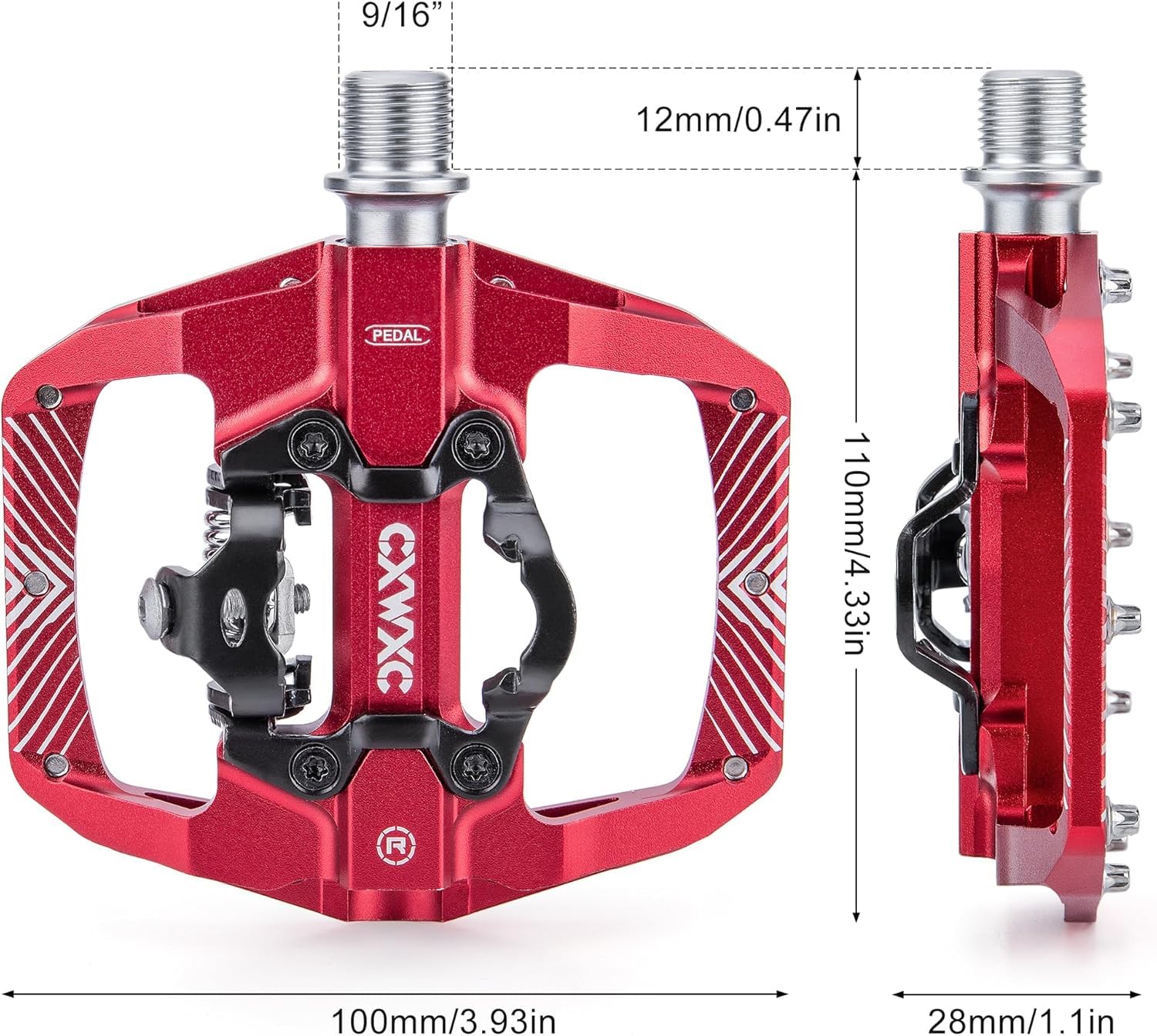 CXWXC Cliquez Pédales de vélo et Plates, avec 3 roulements étanches, en Alliage d'aluminium de 9/16 Pouces, antidérapantes, Plate-Forme Large, pédales à clic pour VTT ou vélo de Route