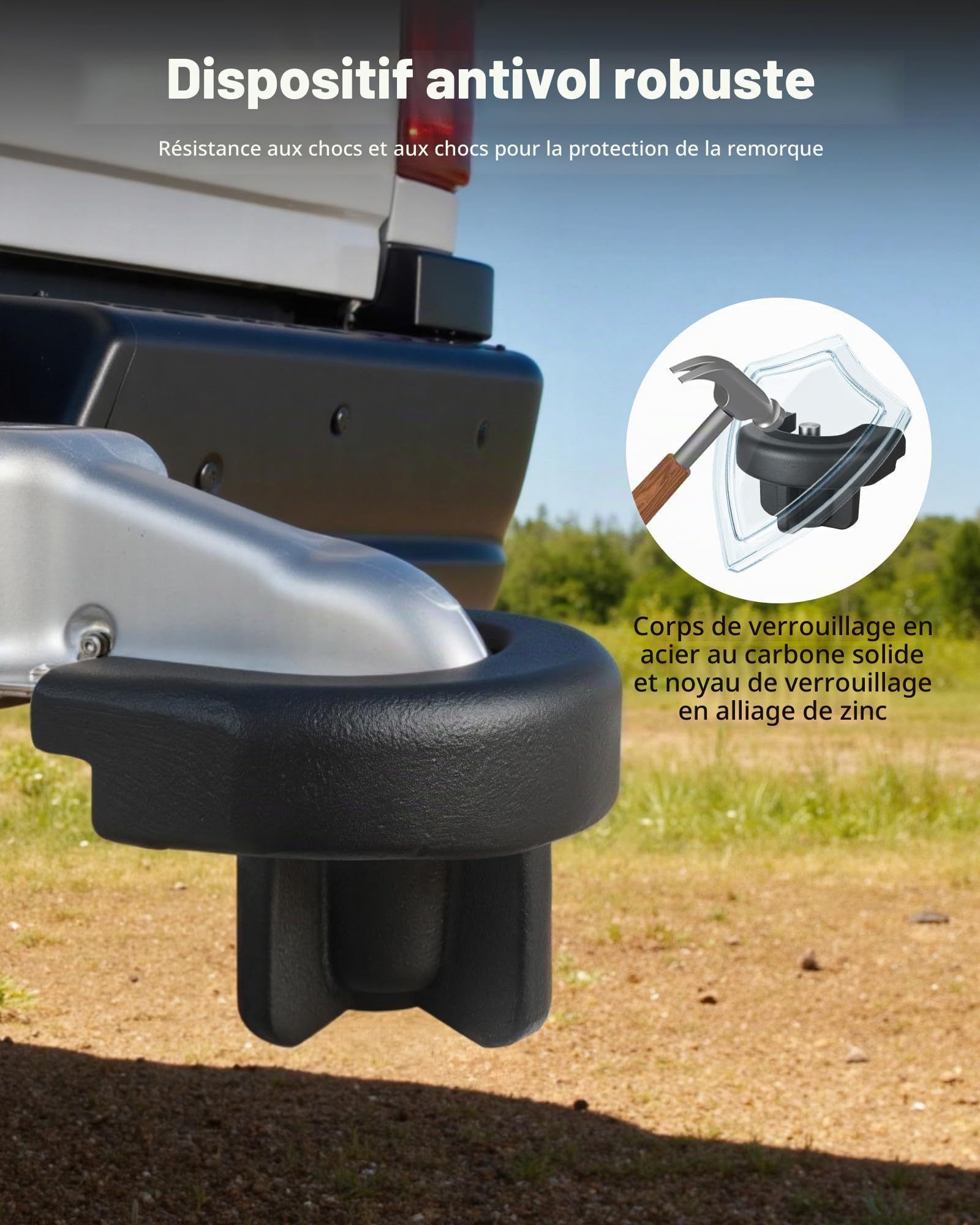 VEVOR Antivol d'Attelage de Remorque, Compatible avec Coupleurs 50,8 mm, Verrou d'Attelage Robuste avec 3 Clés, Résistant à Effraction et Chocs, pour Caravanes, Camping-Cars, Bateaux, Remorques, Noir