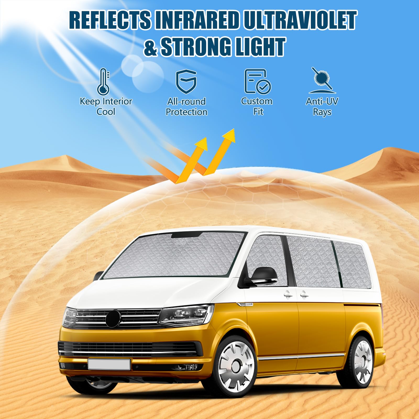 Auto Sonnenblende Ersatz für VW T5 T6 SWB, 8 STK Faltbarer Sonnenschutz | Auto Innenabdeckung Windschutzscheibenabdeckung um 99% UVR zu Blockieren und Ihr Fahrzeug Kühler zu Halten